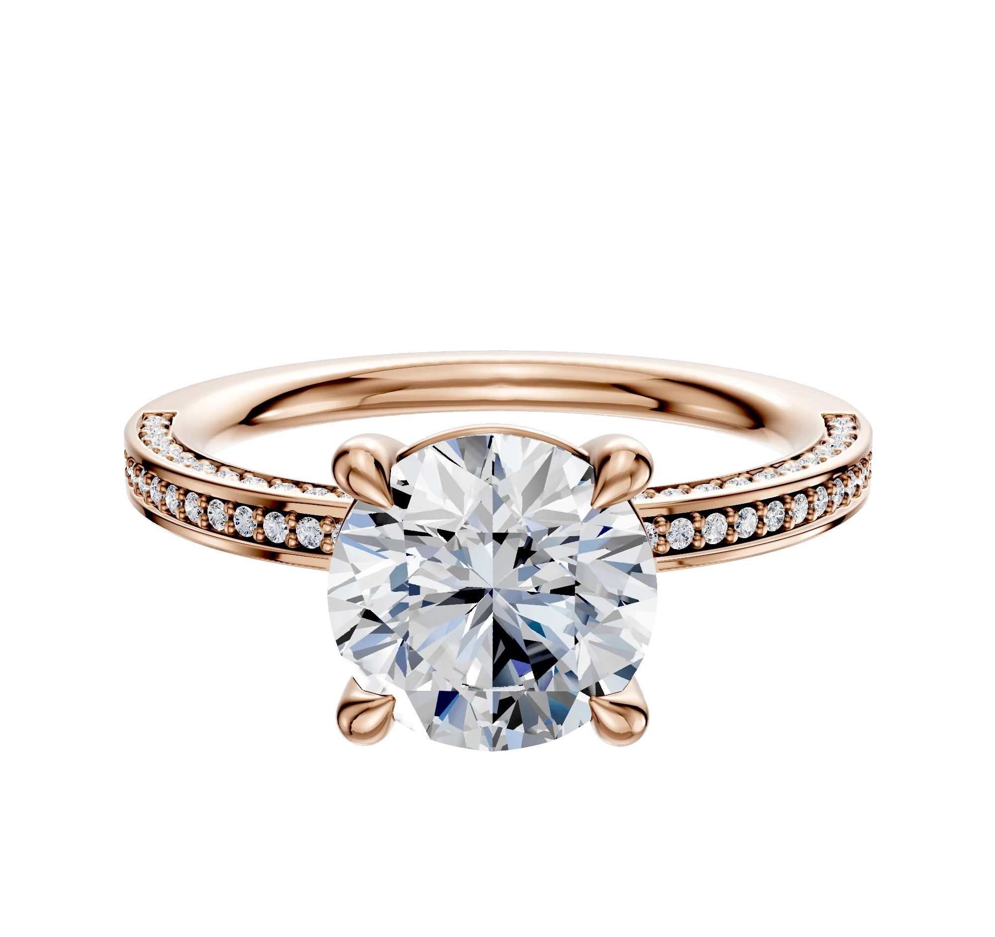 18K Rose Gold 4 Prong Basket Classic Flat 3-Row-Pave 2.0mm Engagement Ring