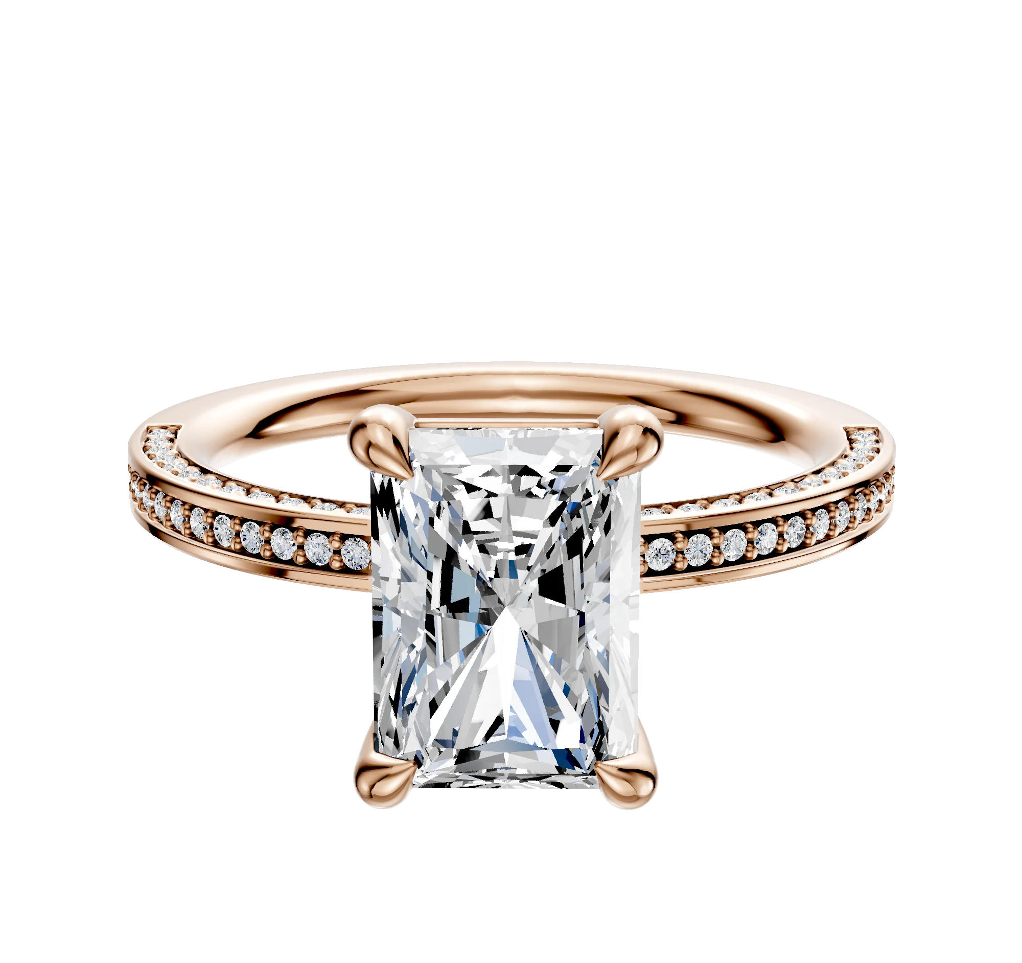 18K Rose Gold 4 Prong Basket Classic Flat 3-Row-Pave 2.0mm Engagement Ring