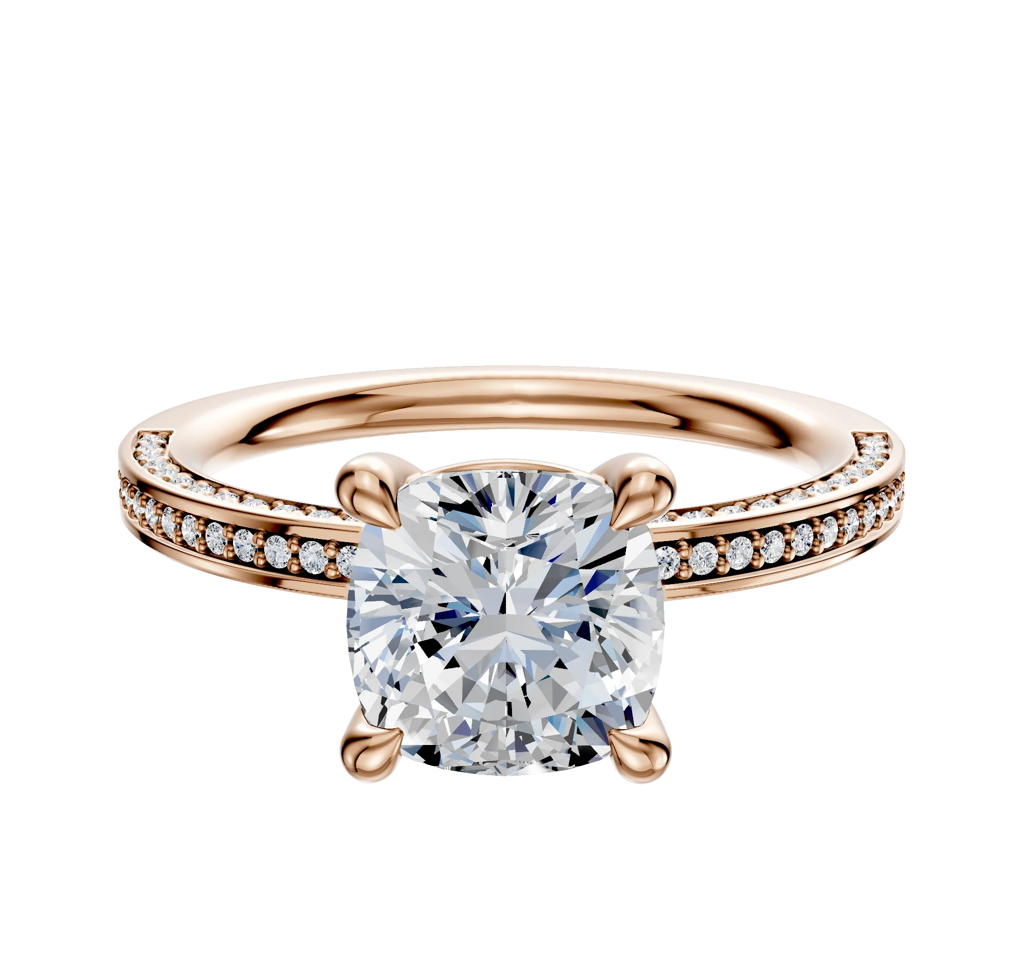 18K Rose Gold 4 Prong Basket Classic Flat 3-Row-Pave 2.0mm Engagement Ring