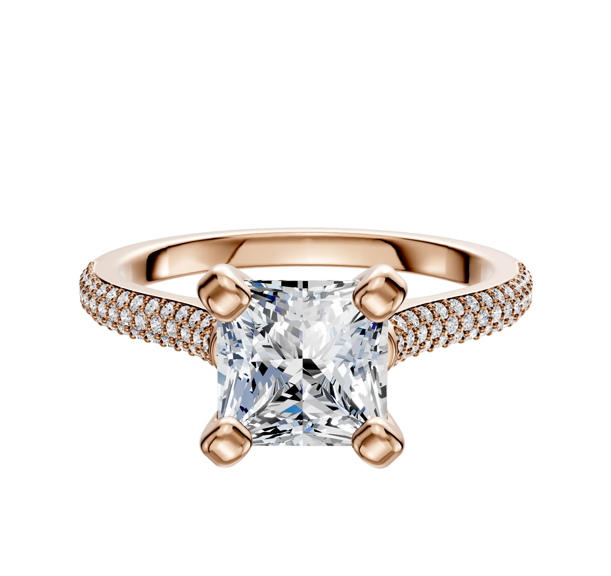 18K Rose Gold 4 Prong Cathedral Dome 3-Row-Pave 2.0mm Engagement Ring