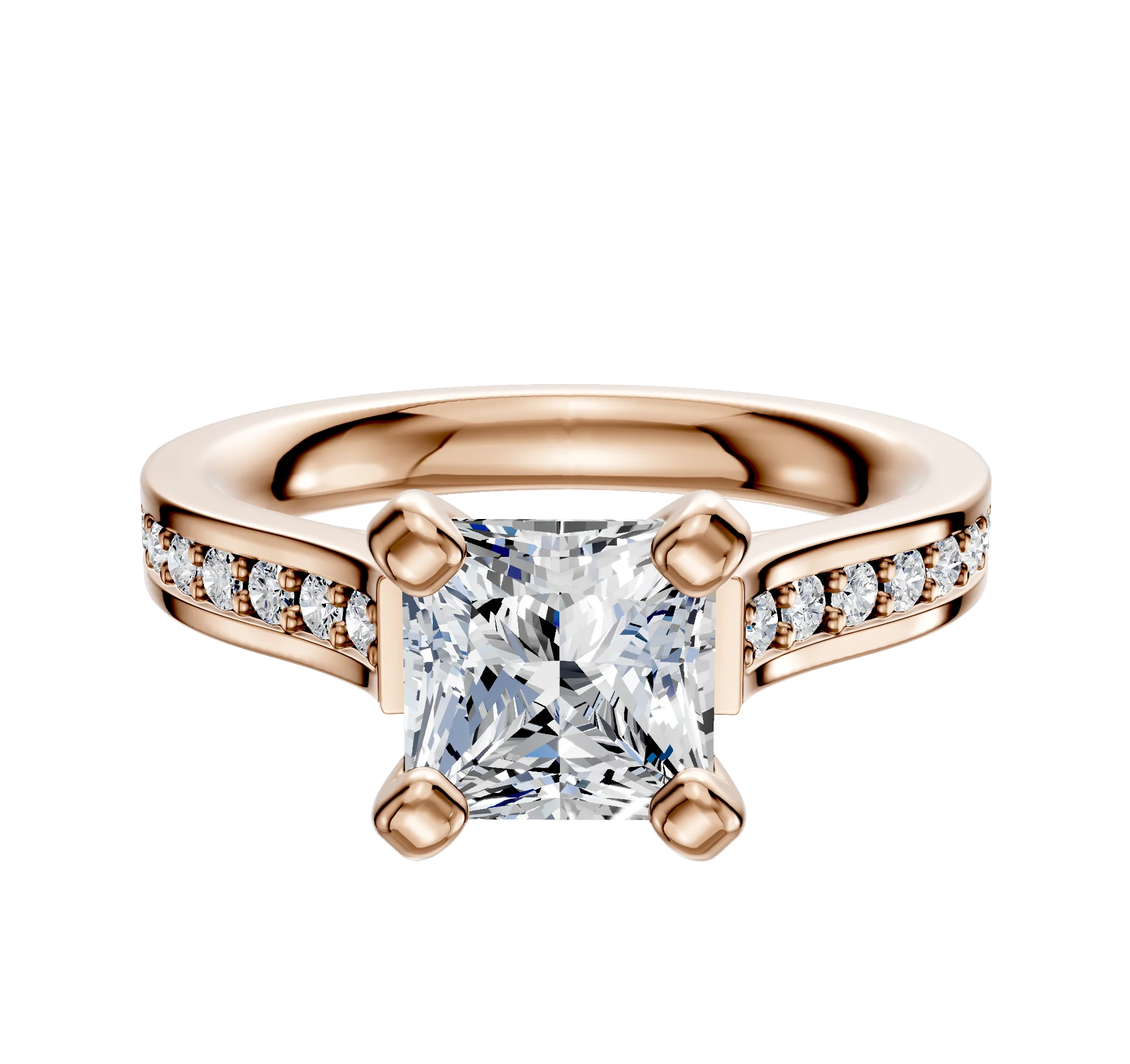 18K Rose Gold 4 Prong Cathedral Flat 1-Row-Pave 2.5mm Engagement Ring