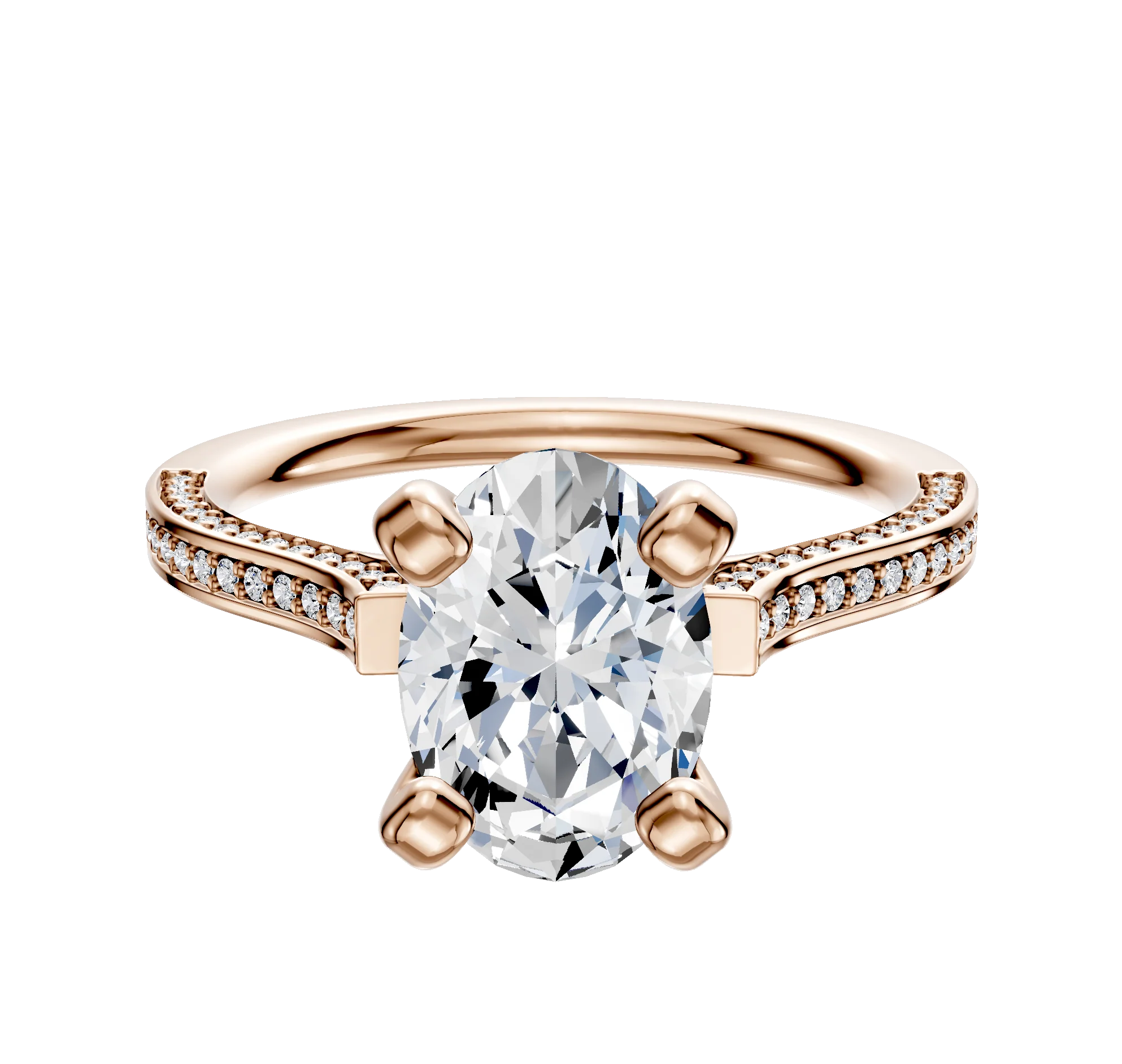 18K Rose Gold 4 Prong Cathedral Flat 3-Row-Pave 2.0mm Engagement Ring
