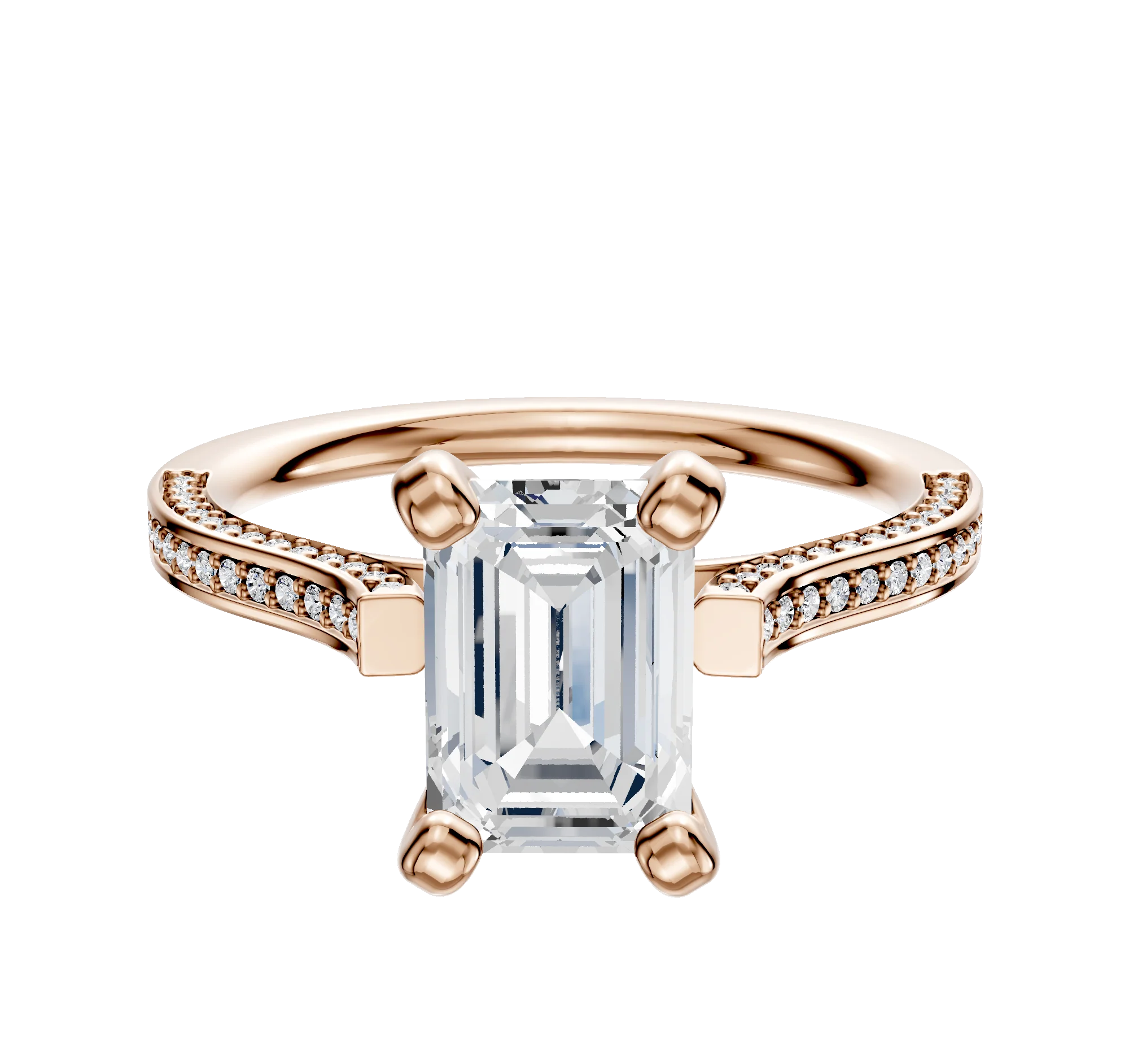 18K Rose Gold 4 Prong Cathedral Flat 3-Row-Pave 2.0mm Engagement Ring