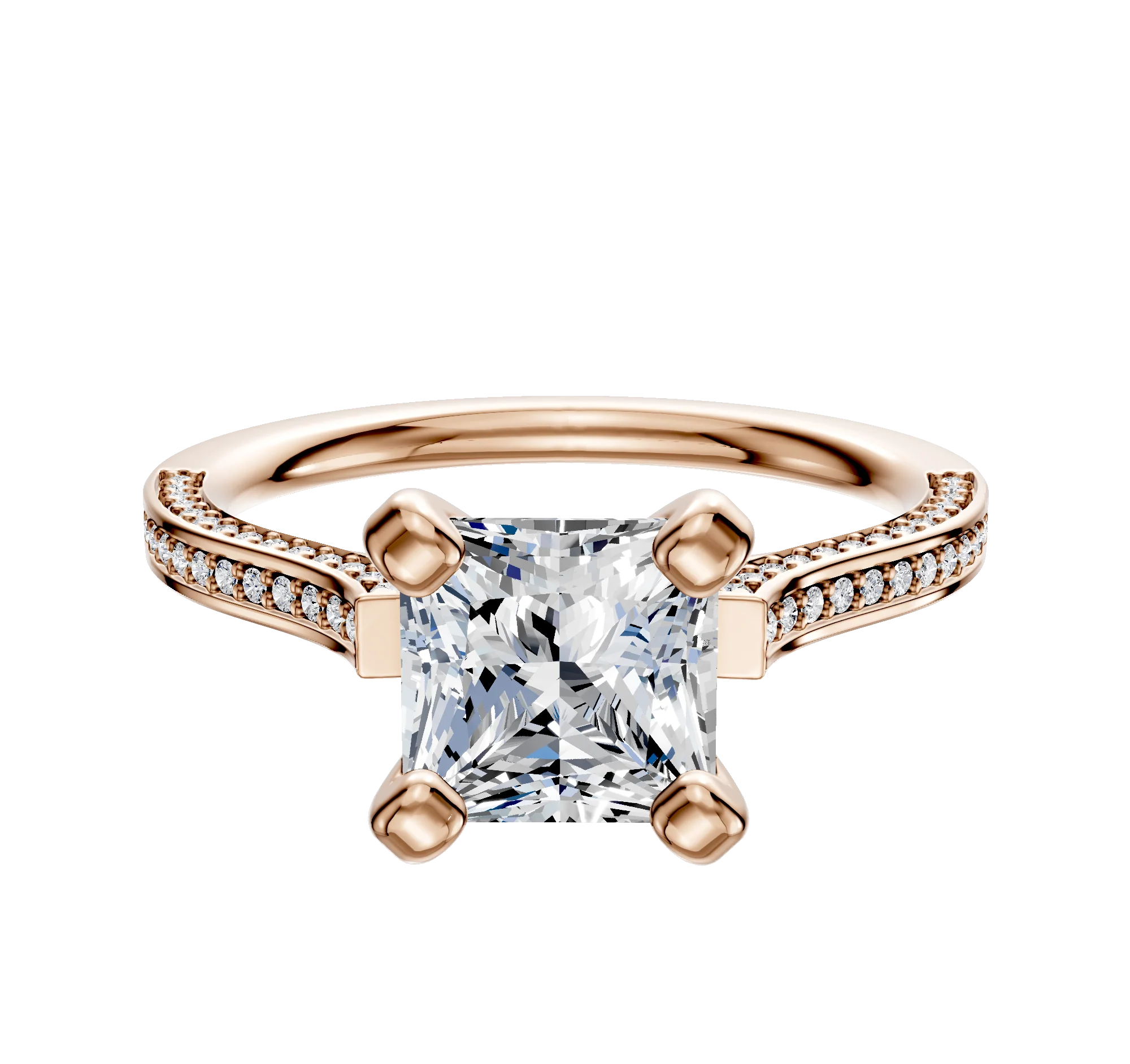 18K Rose Gold 4 Prong Cathedral Flat 3-Row-Pave 2.0mm Engagement Ring