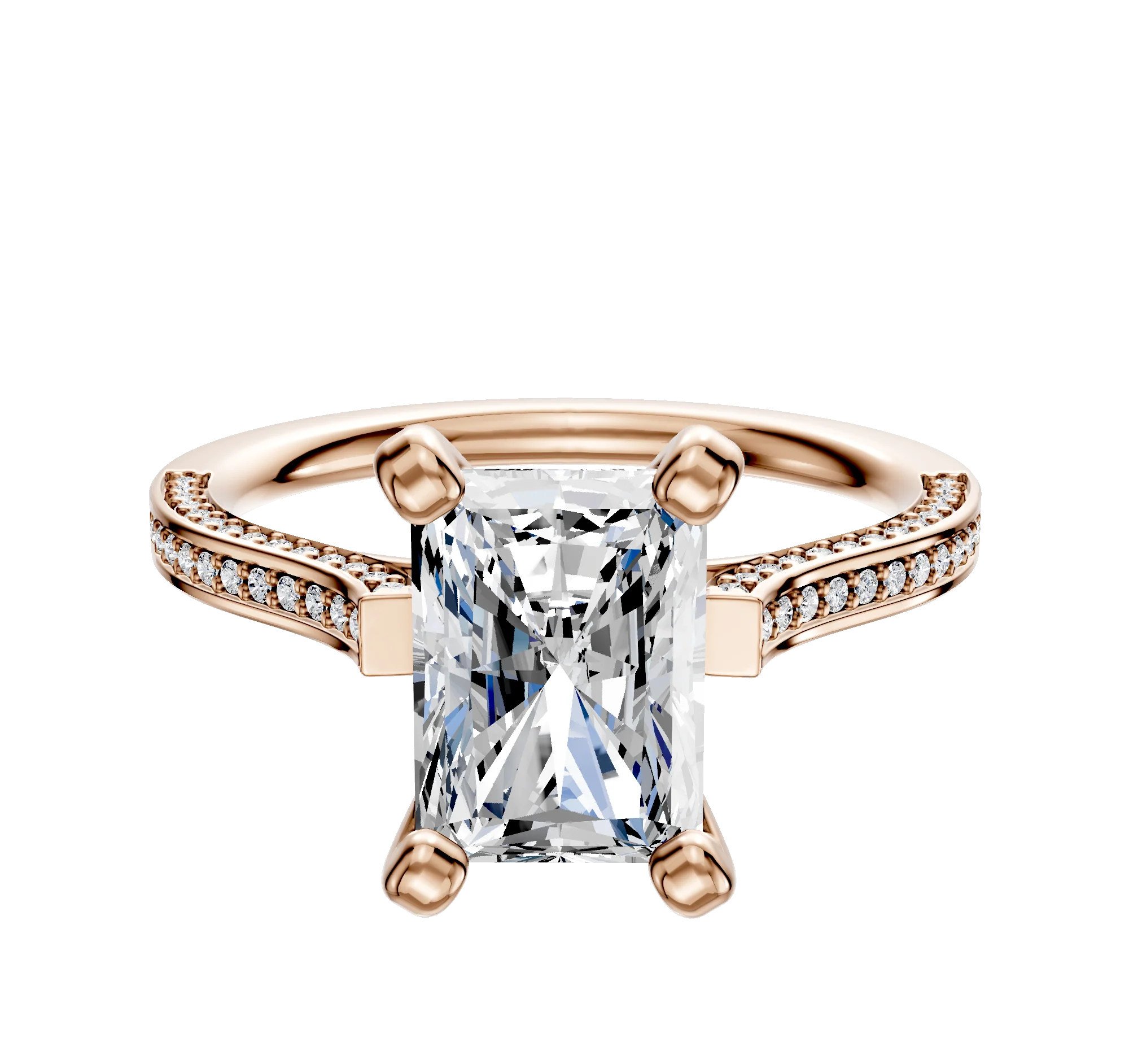 18K Rose Gold 4 Prong Cathedral Flat 3-Row-Pave 2.0mm Engagement Ring