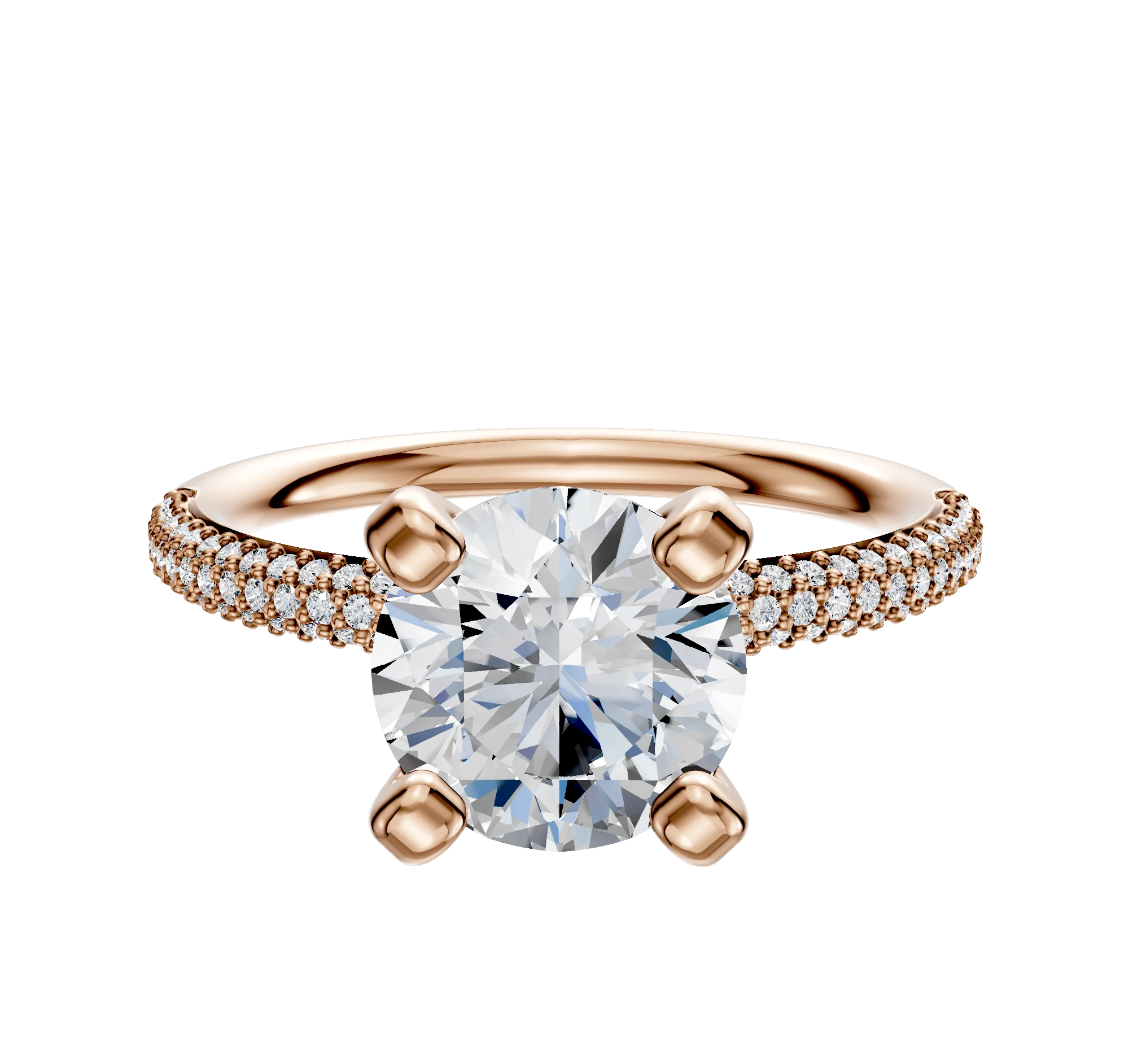 18K Rose Gold 4 Prong Classic Dome 3-Row-Pave 2.0mm Engagement Ring