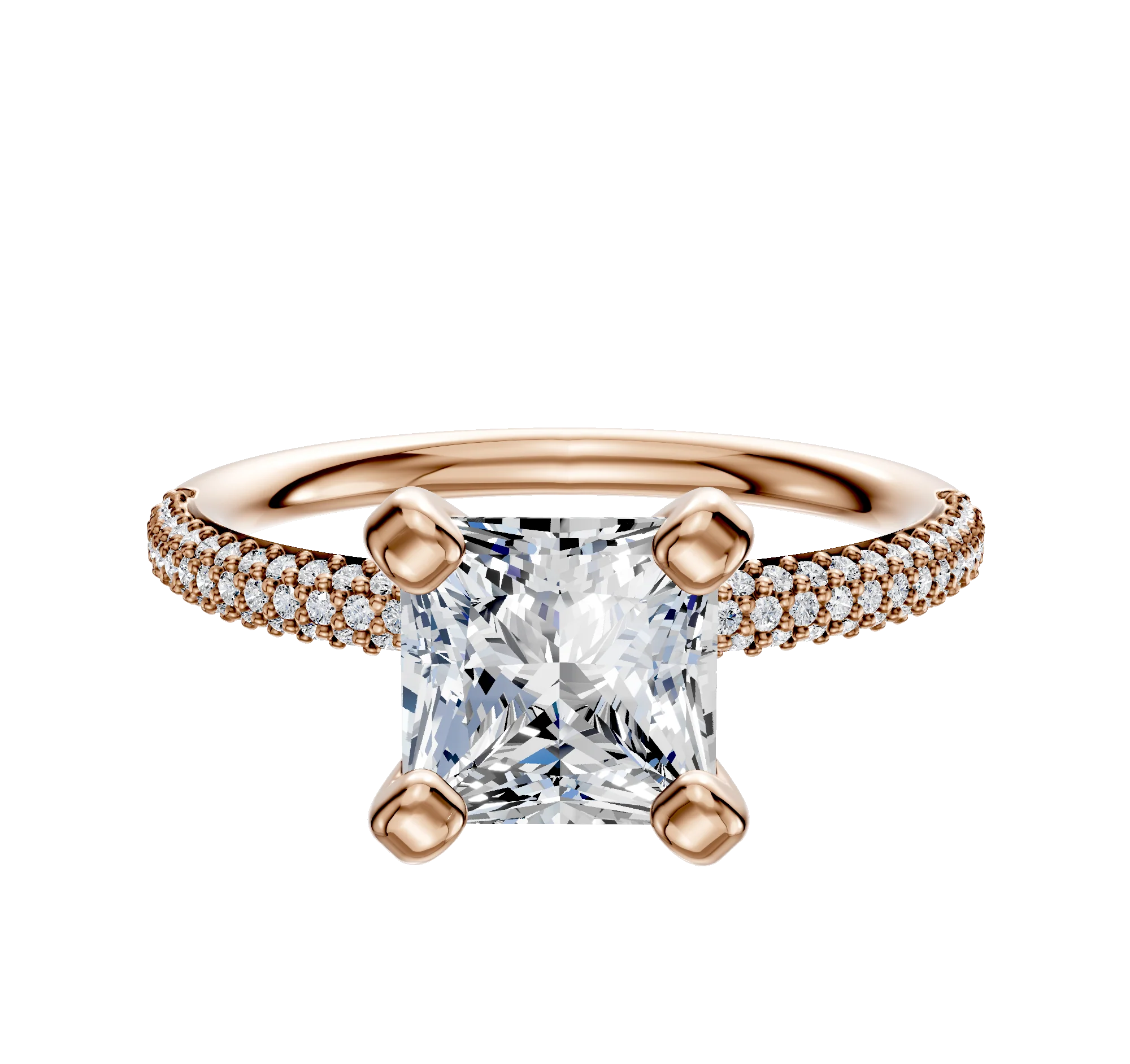 18K Rose Gold 4 Prong Classic Dome 3-Row-Pave 2.0mm Engagement Ring