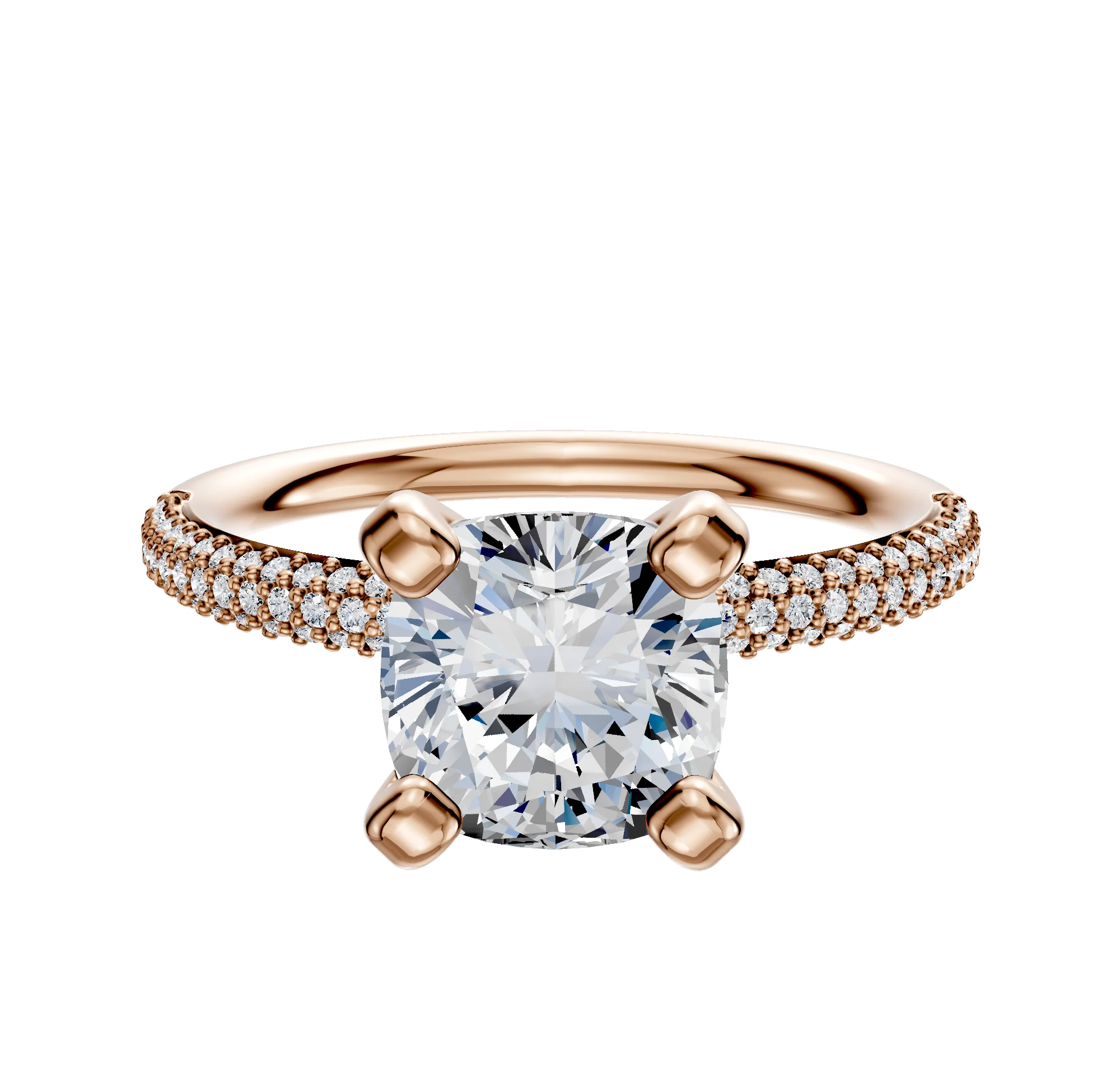 18K Rose Gold 4 Prong Classic Dome 3-Row-Pave 2.0mm Engagement Ring
