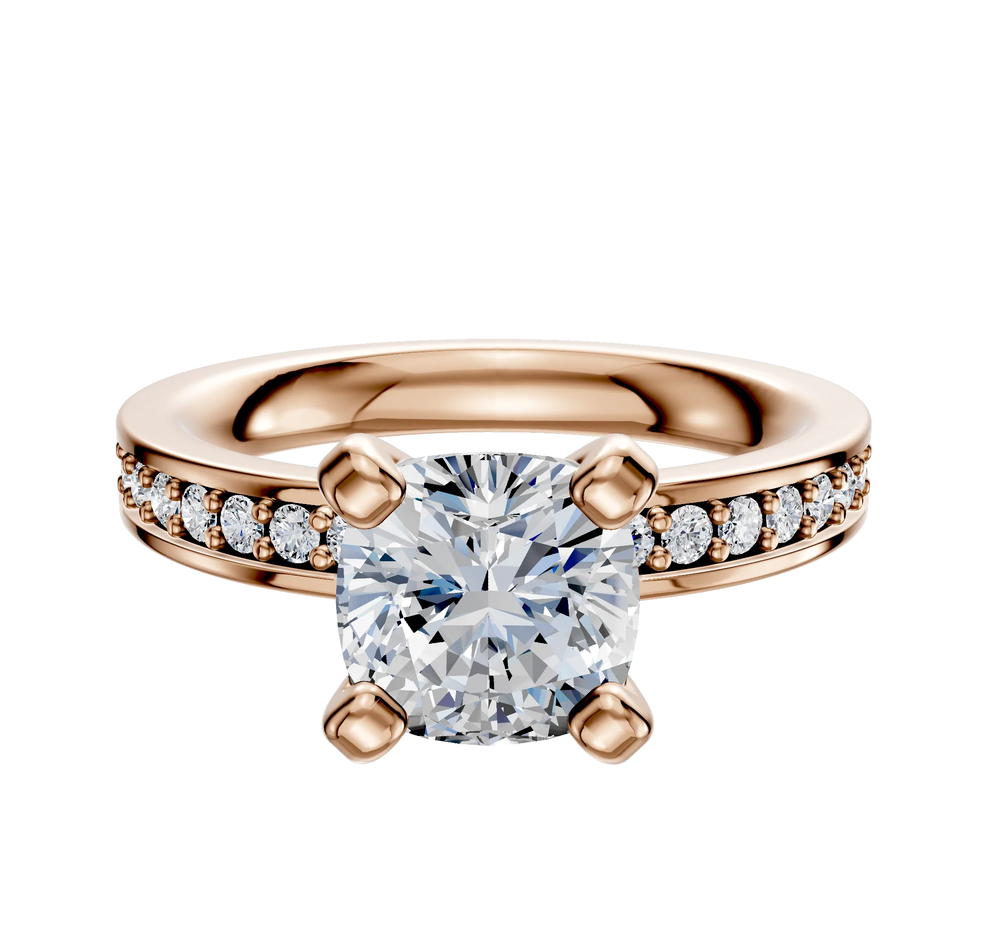 18K Rose Gold 4 Prong Classic Flat 1-Row-Pave 2.5mm Engagement Ring