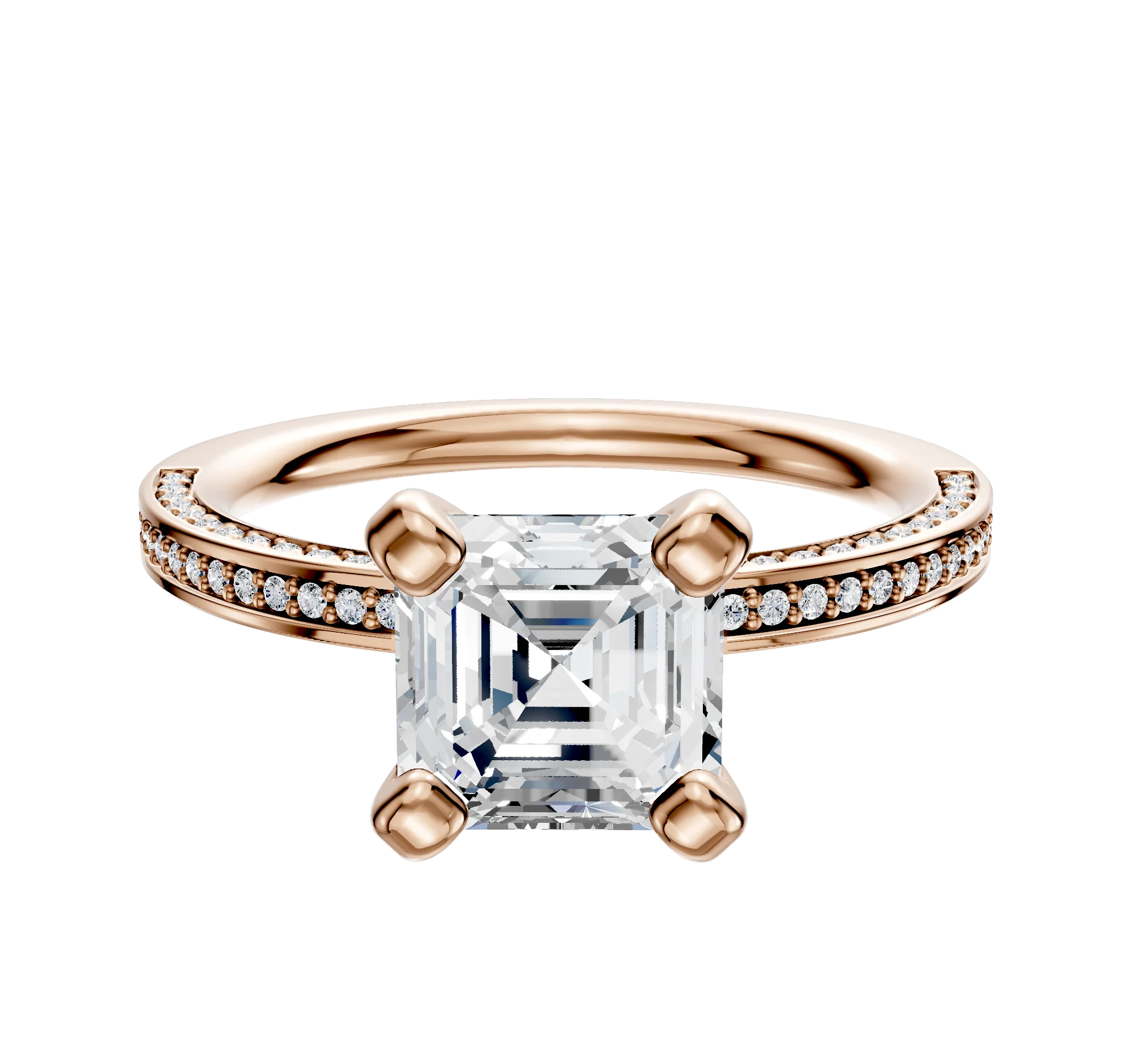 18K Rose Gold 4 Prong Classic Flat 3-Row-Pave 2.0mm Engagement Ring