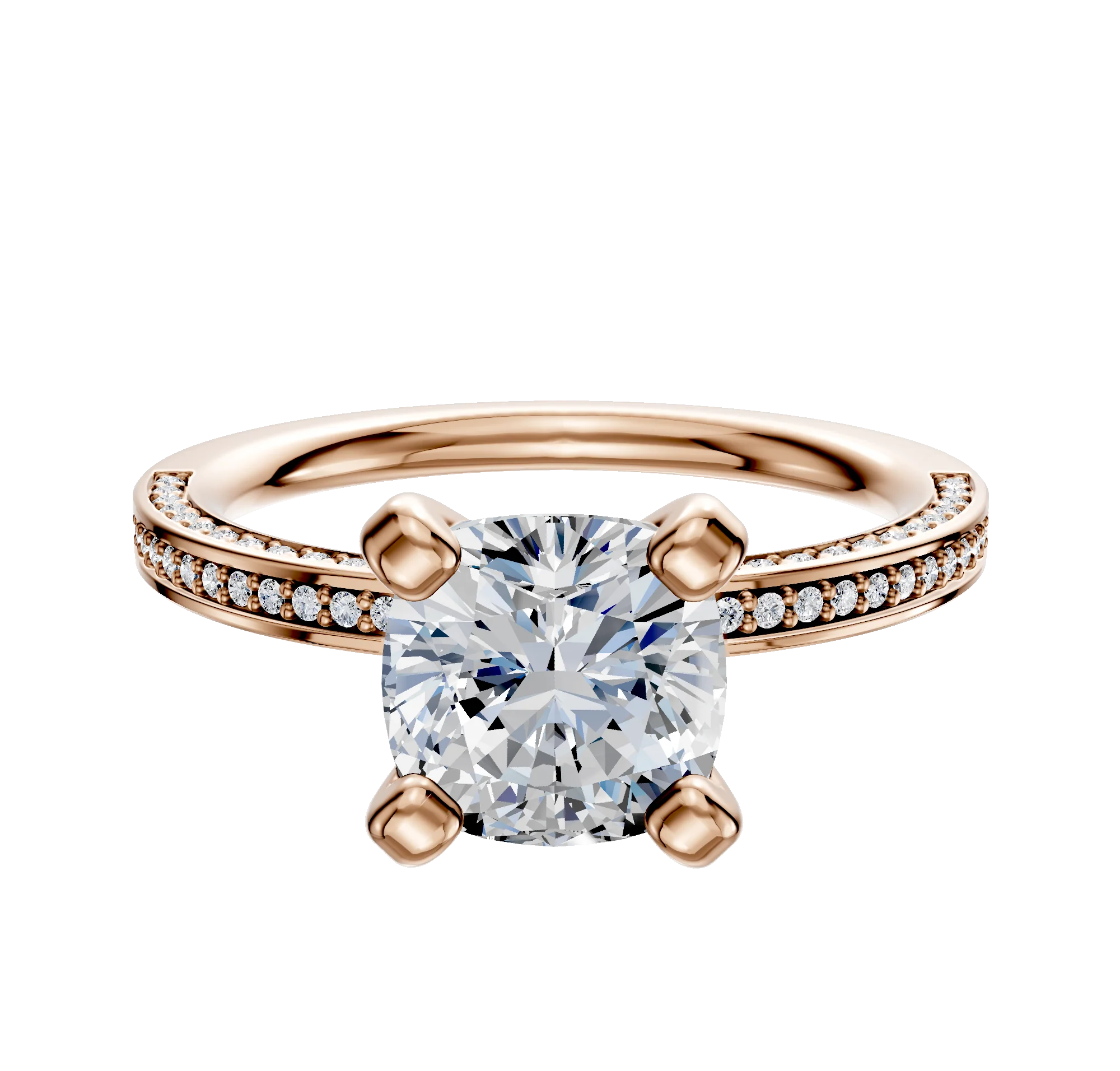 18K Rose Gold 4 Prong Classic Flat 3-Row-Pave 2.0mm Engagement Ring