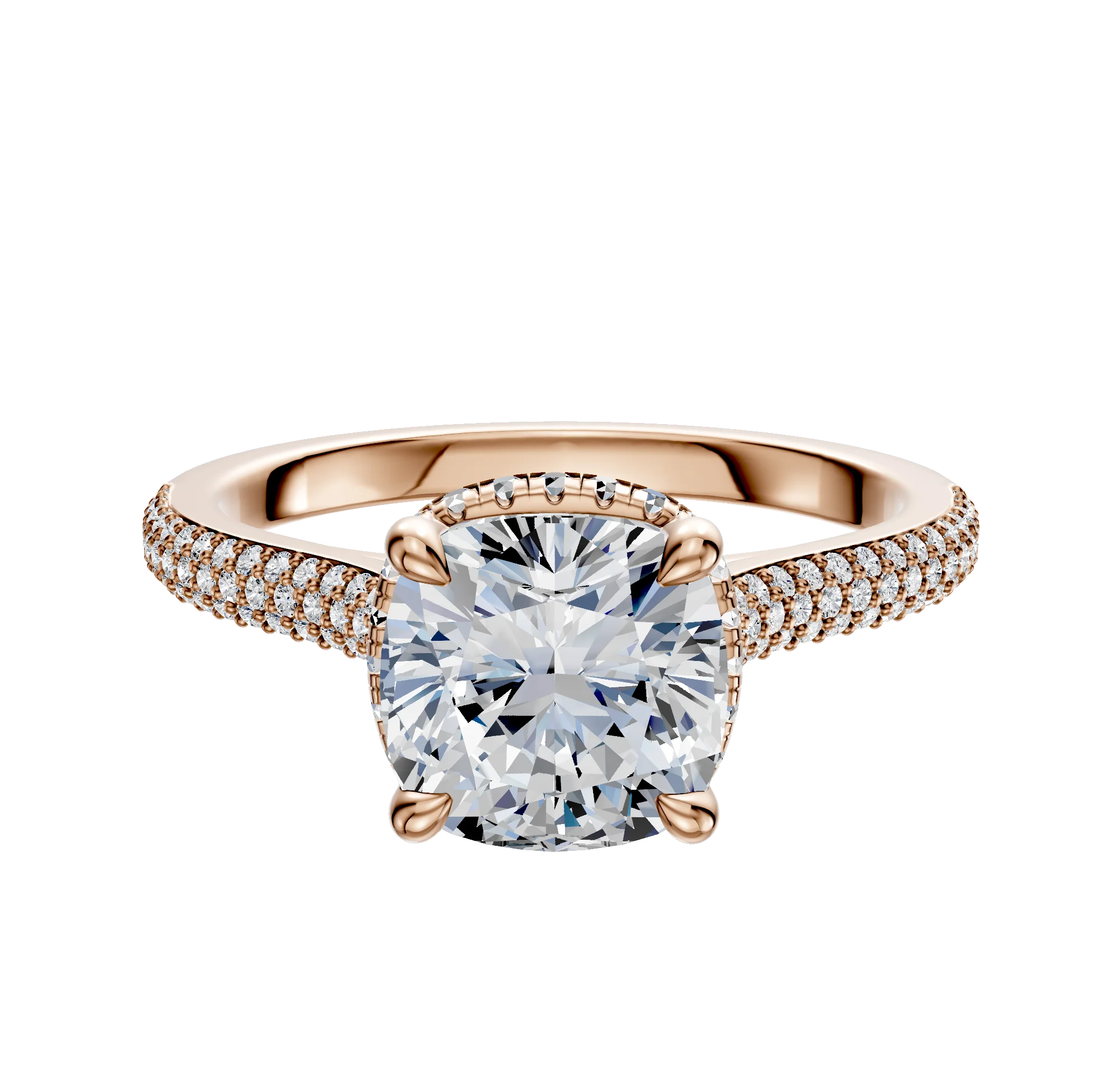 18K Rose Gold 4 Prong Collar Cathedral Dome 3-Row-Pave 2.0mm Engagement Ring