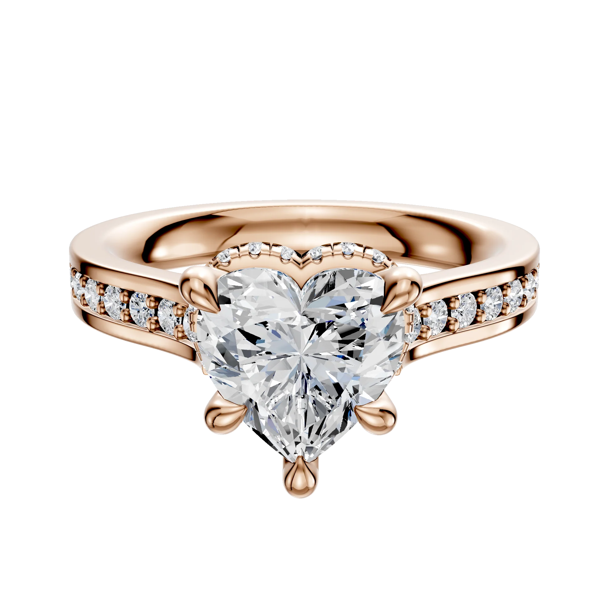 18K Rose Gold 4 Prong Collar Cathedral Flat 1-Row-Pave 2.5mm Engagement Ring