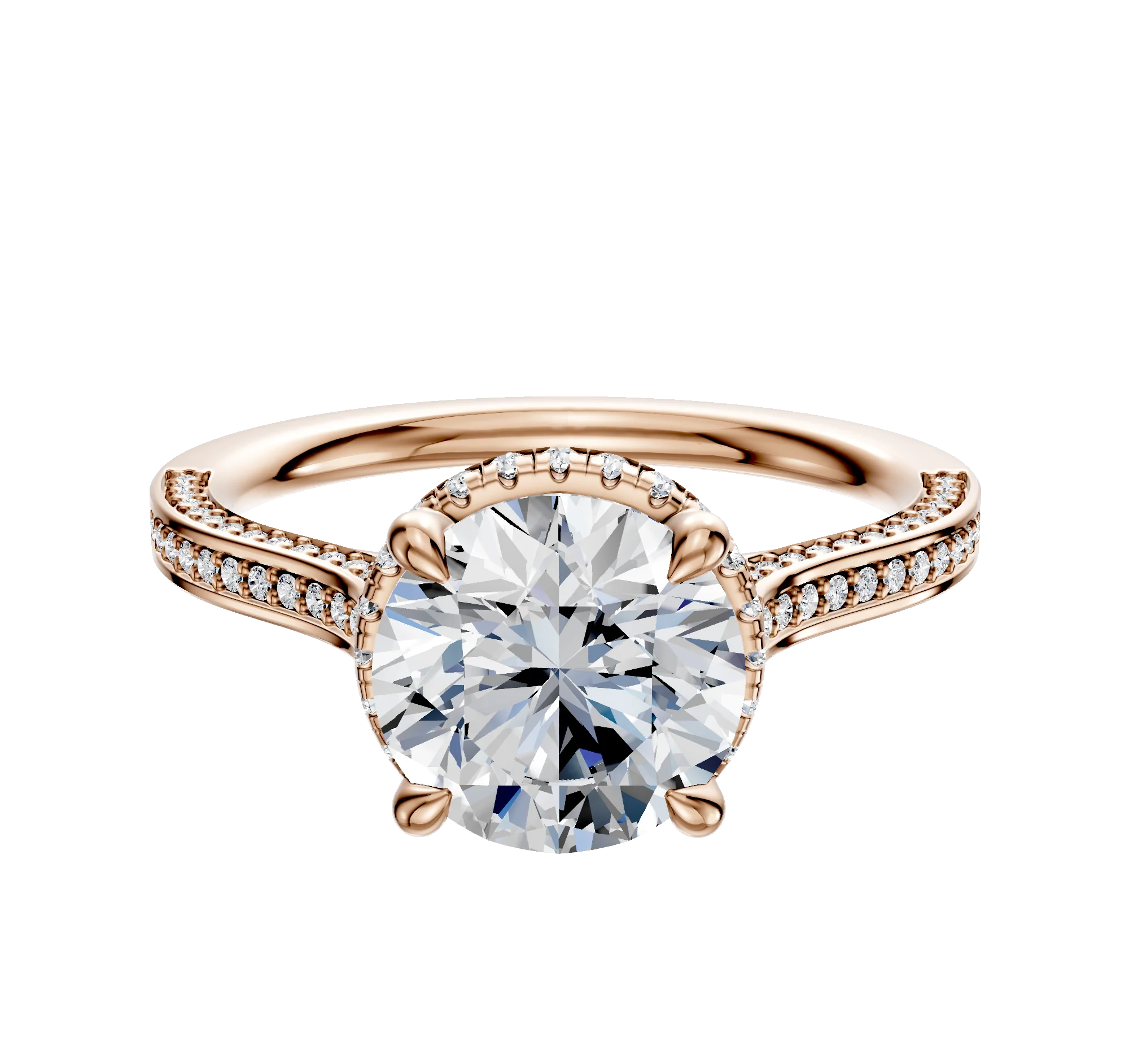 18K Rose Gold 4 Prong Collar Cathedral Flat 3-Row-Pave 2.0mm Engagement Ring