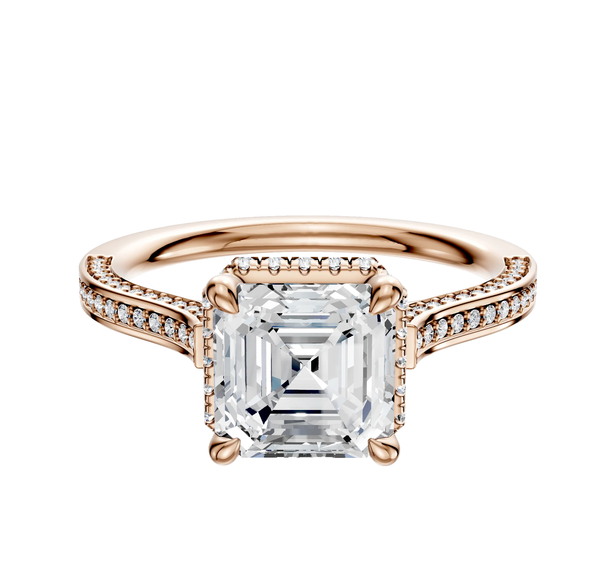 18K Rose Gold 4 Prong Collar Cathedral Flat 3-Row-Pave 2.0mm Engagement Ring