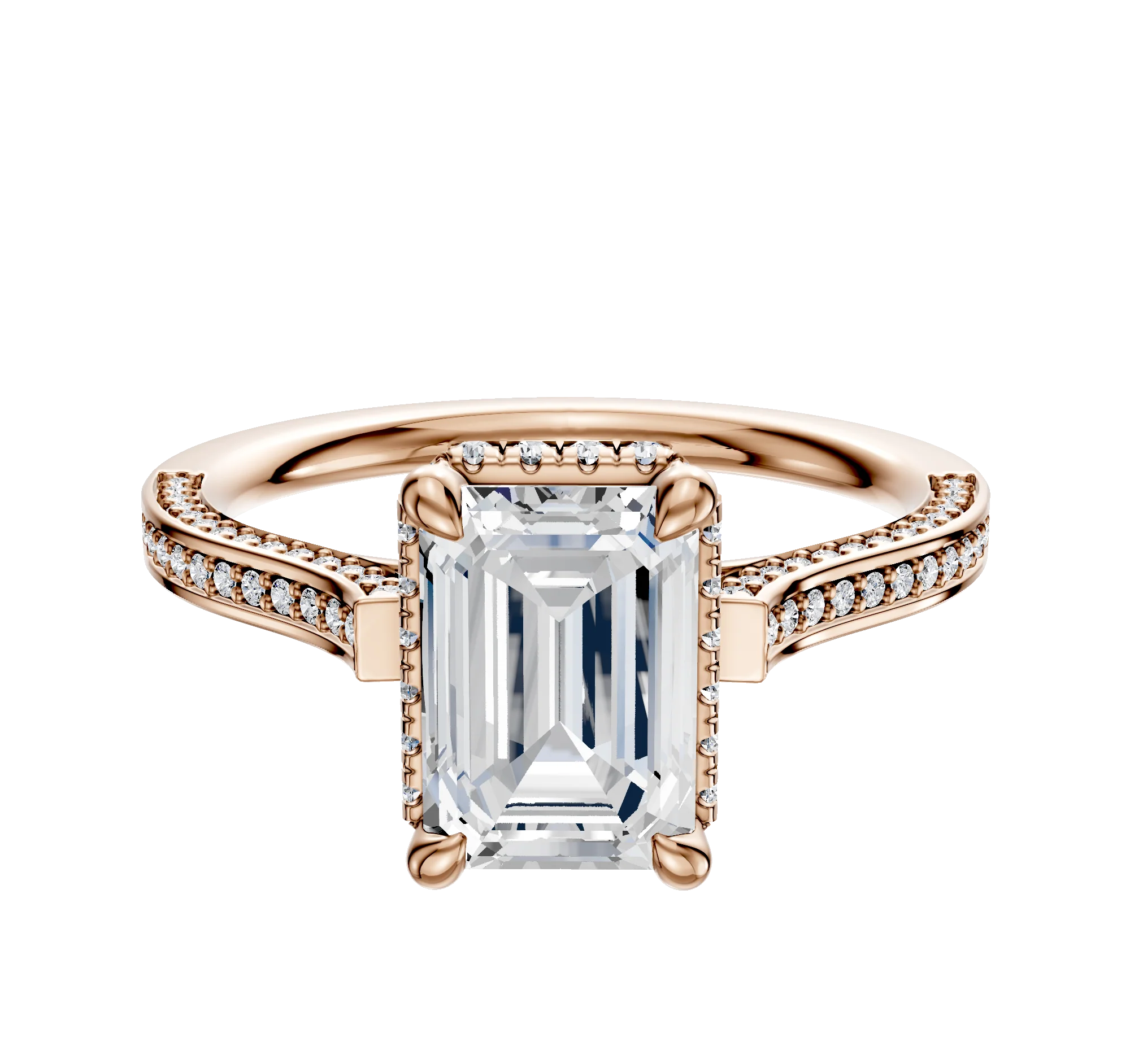 18K Rose Gold 4 Prong Collar Cathedral Flat 3-Row-Pave 2.0mm Engagement Ring