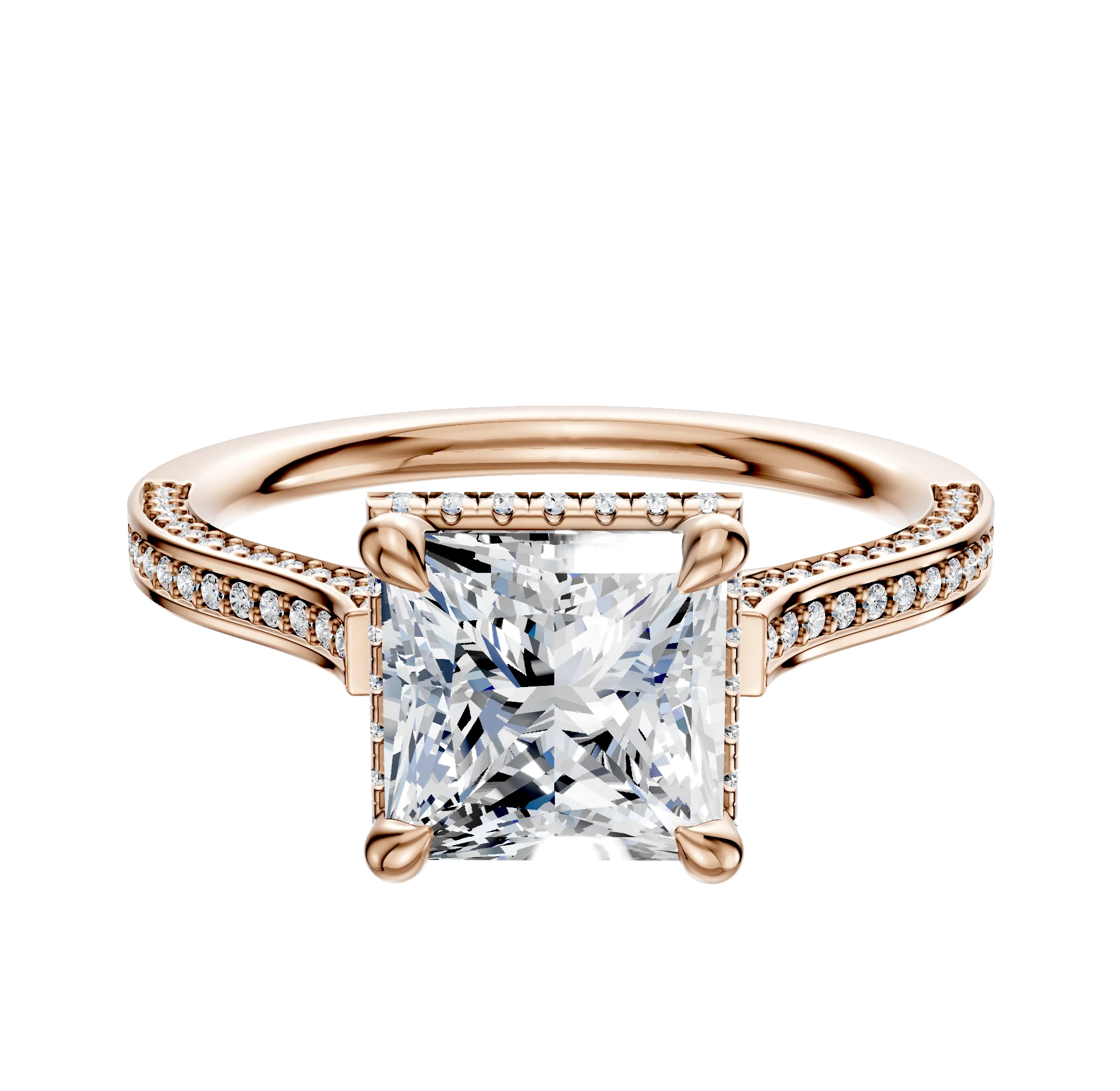 18K Rose Gold 4 Prong Collar Cathedral Flat 3-Row-Pave 2.0mm Engagement Ring
