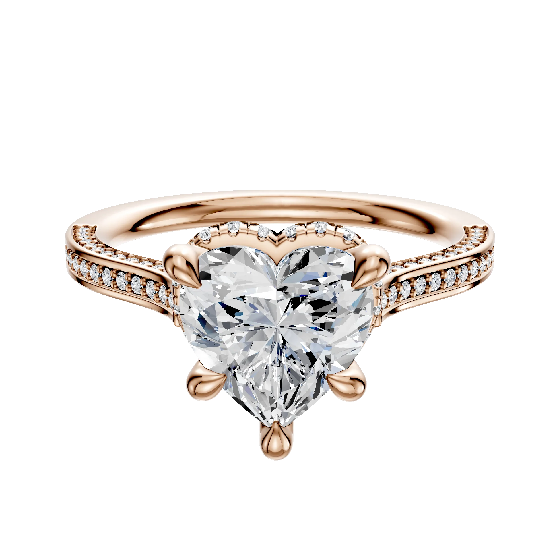 18K Rose Gold 4 Prong Collar Cathedral Flat 3-Row-Pave 2.0mm Engagement Ring