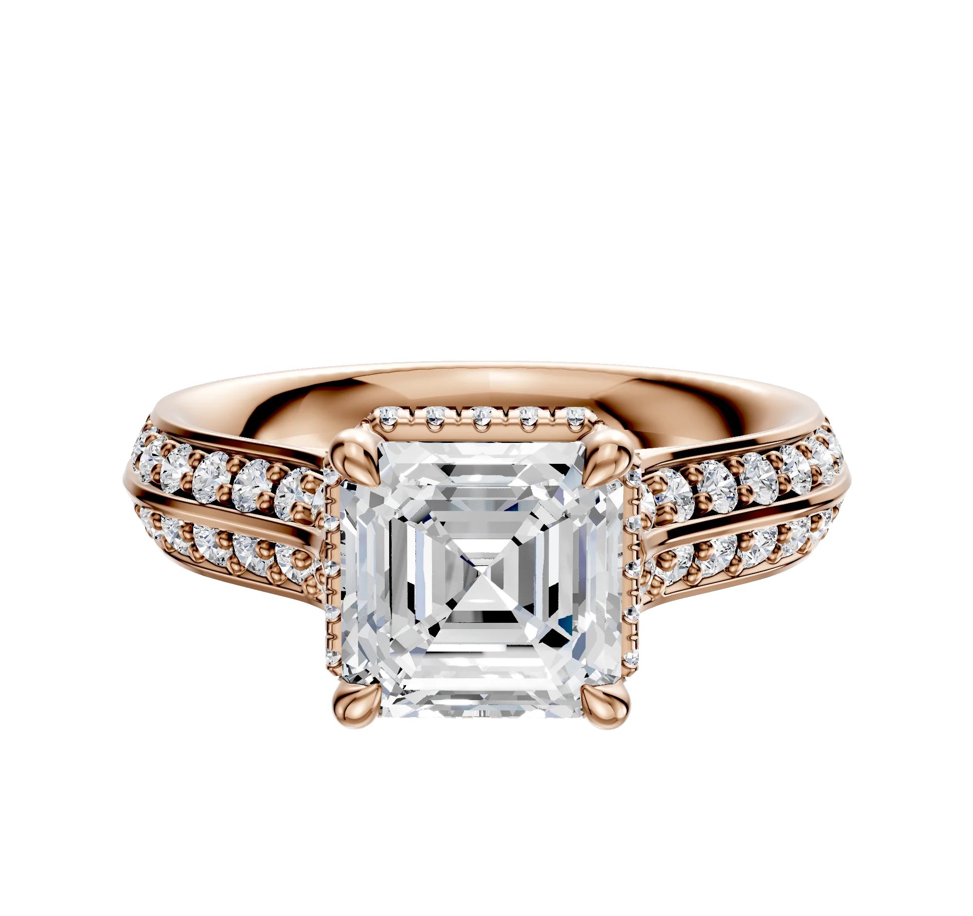 18K Rose Gold 4 Prong Collar Cathedral Knife Edge 1-Row-Pave 2.5mm Engagement Ring