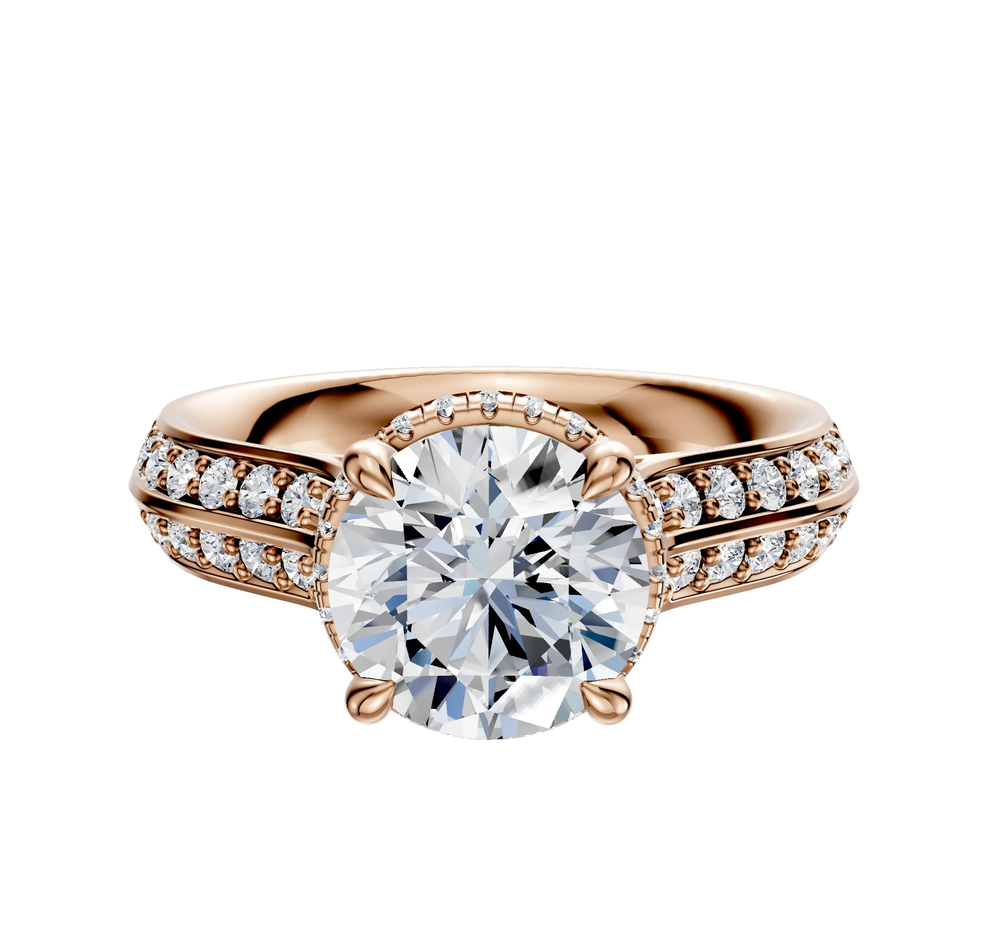 18K Rose Gold 4 Prong Collar Cathedral Knife Edge 1-Row-Pave 2.5mm Engagement Ring