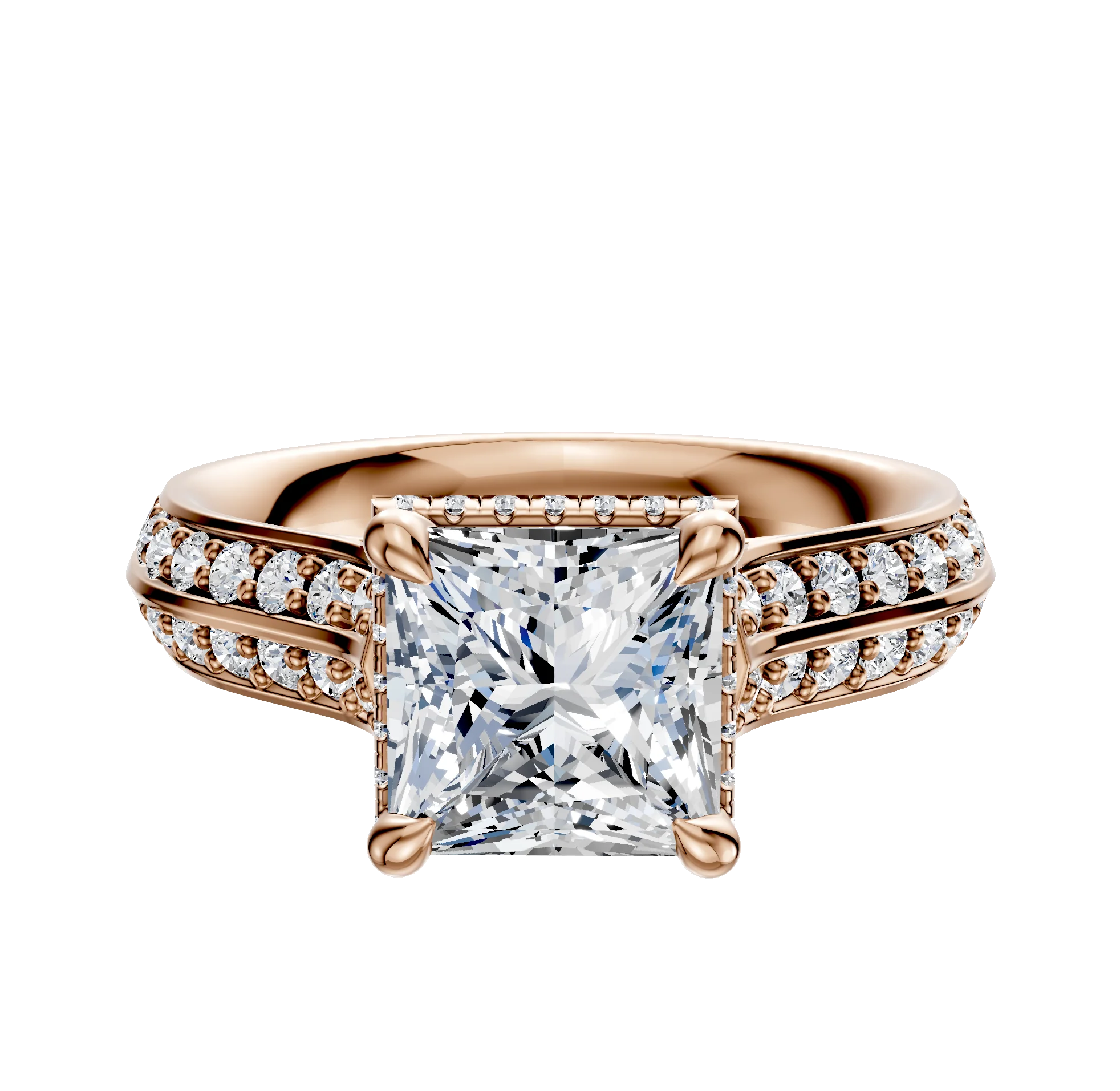 18K Rose Gold 4 Prong Collar Cathedral Knife Edge 1-Row-Pave 2.5mm Engagement Ring