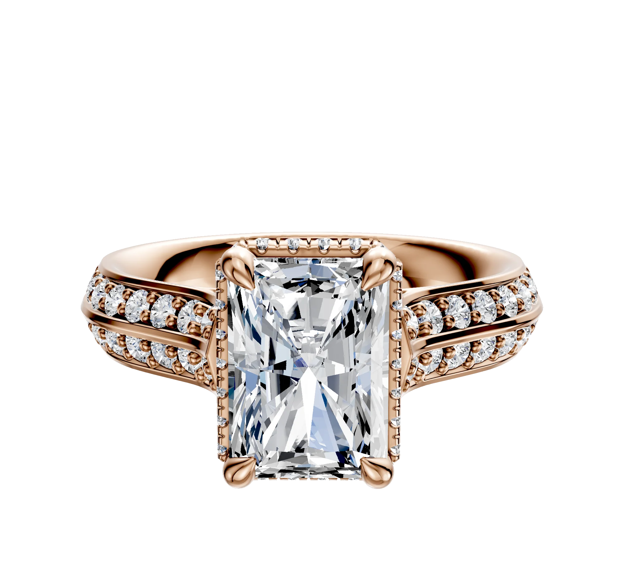 18K Rose Gold 4 Prong Collar Cathedral Knife Edge 1-Row-Pave 2.5mm Engagement Ring