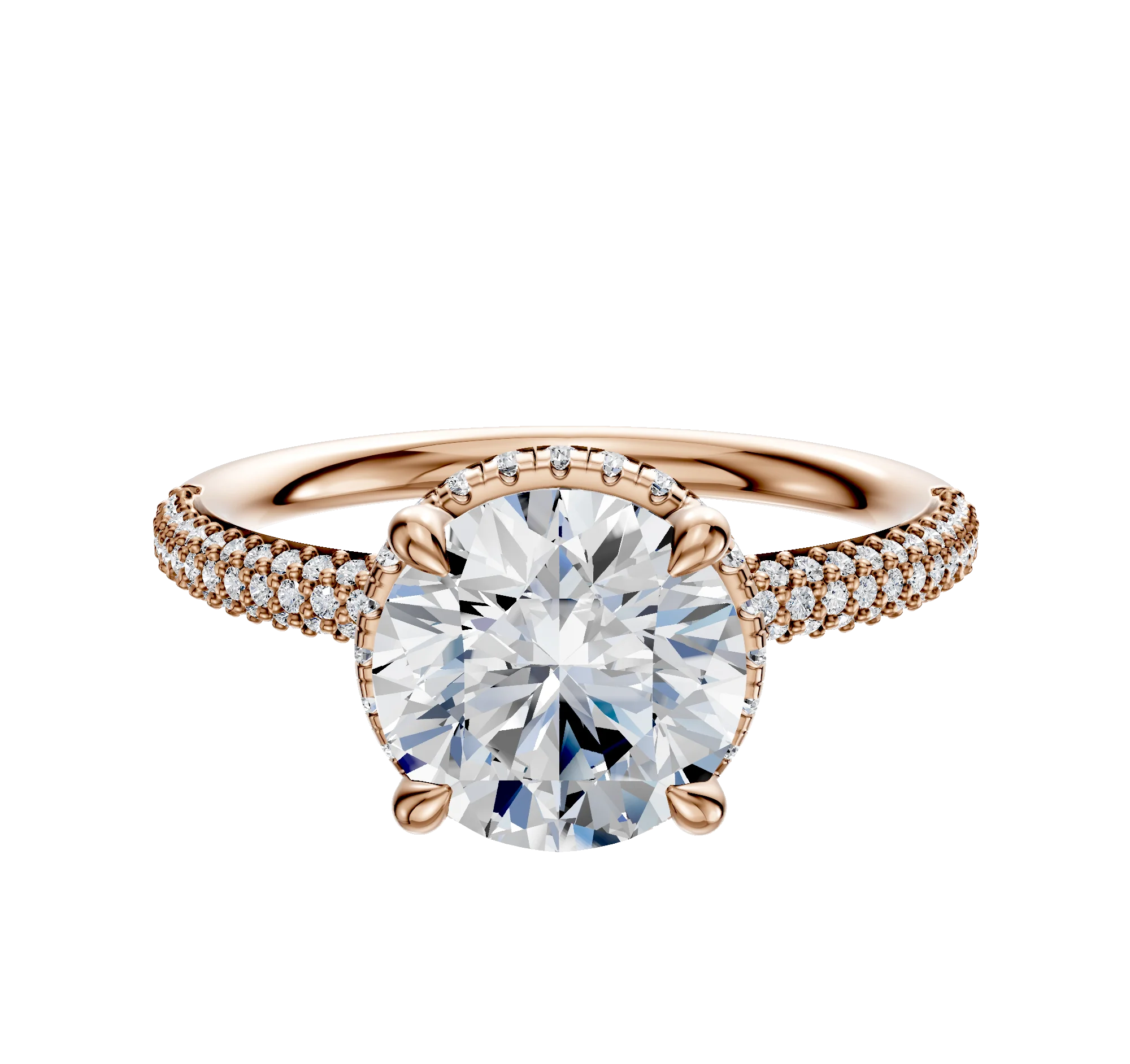18K Rose Gold 4 Prong Collar Classic Dome 3-Row-Pave 2.0mm Engagement Ring
