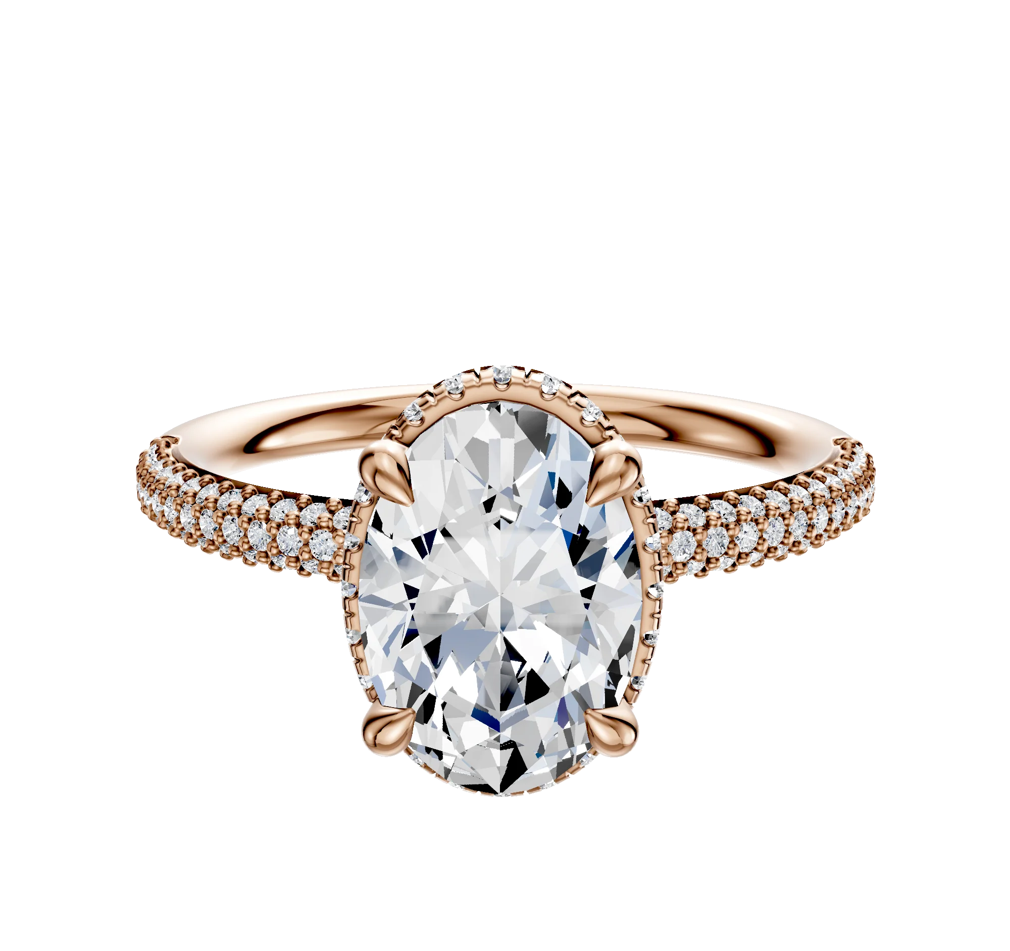 18K Rose Gold 4 Prong Collar Classic Dome 3-Row-Pave 2.0mm Engagement Ring