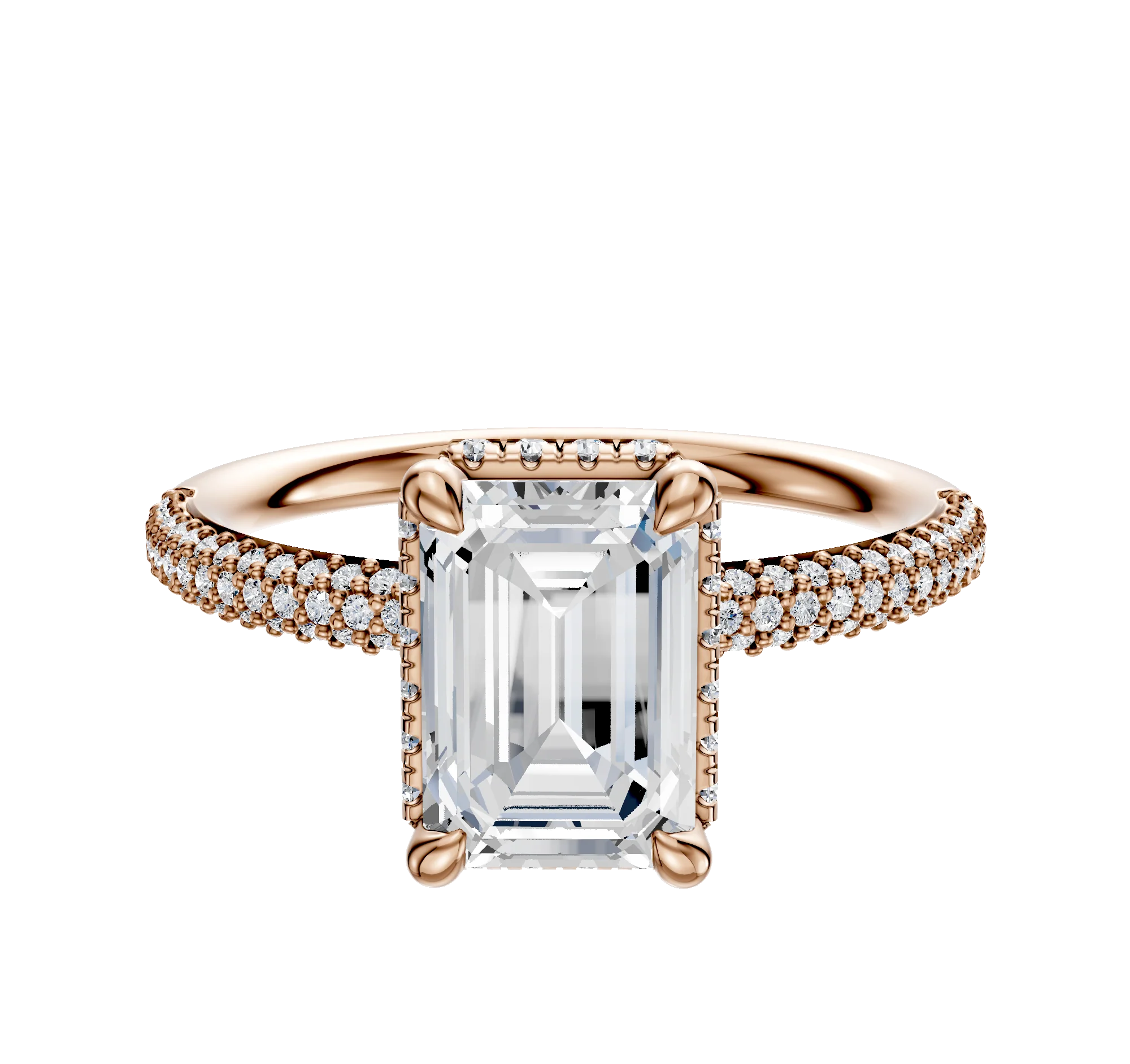 18K Rose Gold 4 Prong Collar Classic Dome 3-Row-Pave 2.0mm Engagement Ring