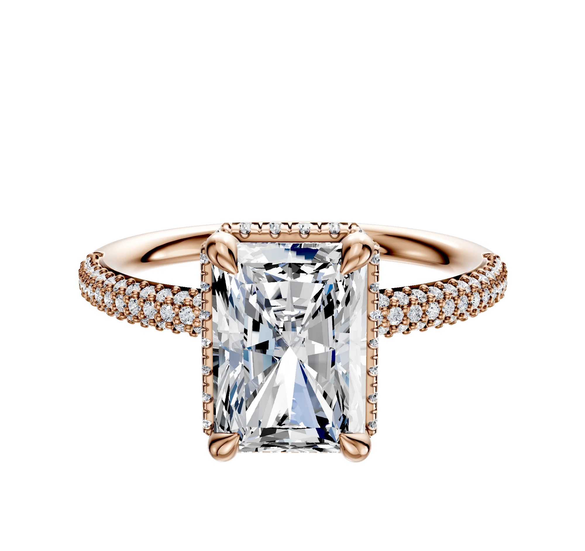 18K Rose Gold 4 Prong Collar Classic Dome 3-Row-Pave 2.0mm Engagement Ring