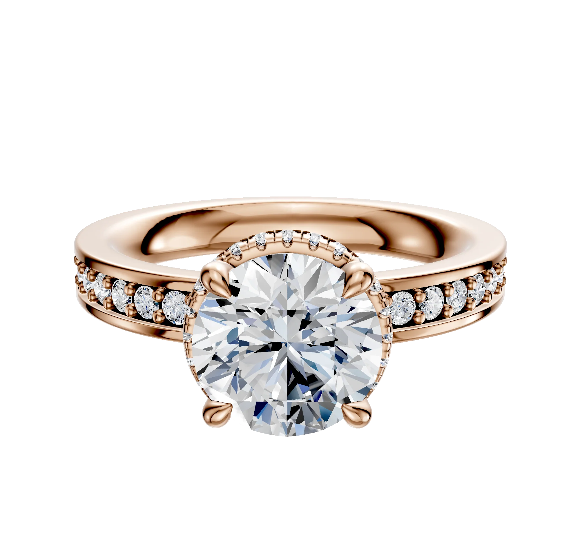 18K Rose Gold 4 Prong Collar Classic Flat 1-Row-Pave 2.5mm Engagement Ring