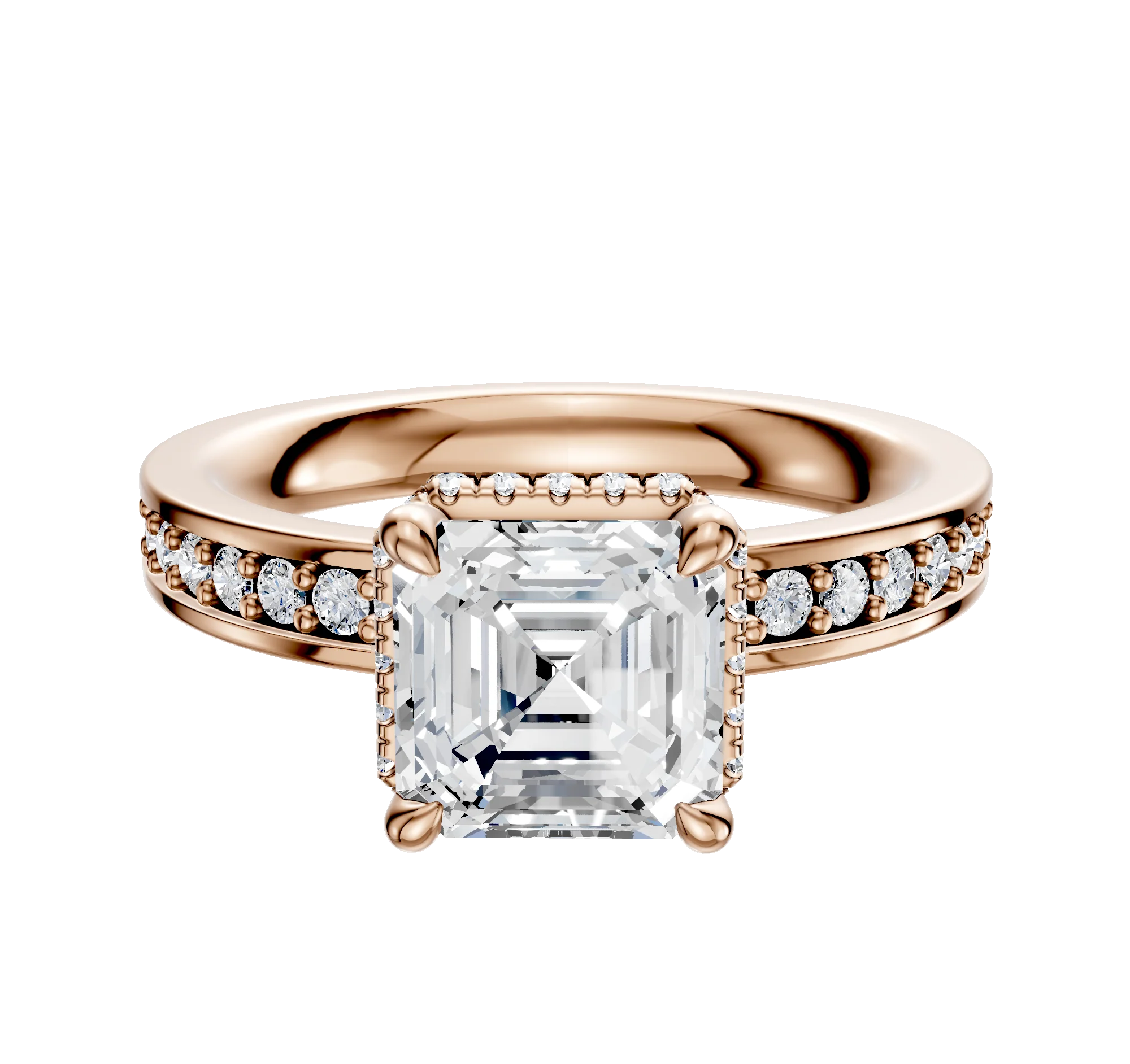 18K Rose Gold 4 Prong Collar Classic Flat 1-Row-Pave 2.5mm Engagement Ring