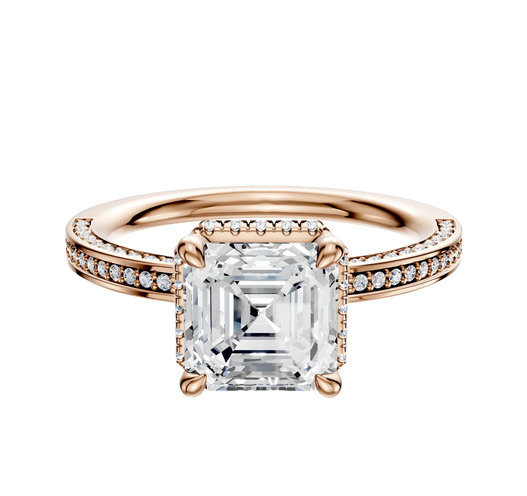 18K Rose Gold 4 Prong Collar Classic Flat 3-Row-Pave 2.0mm Engagement Ring