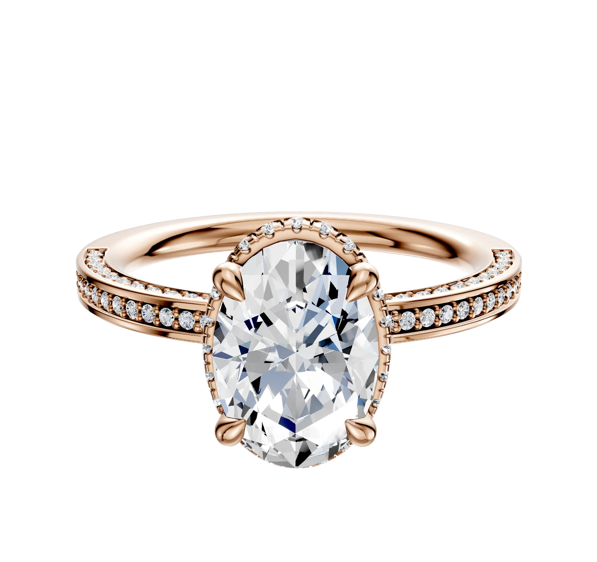 18K Rose Gold 4 Prong Collar Classic Flat 3-Row-Pave 2.0mm Engagement Ring