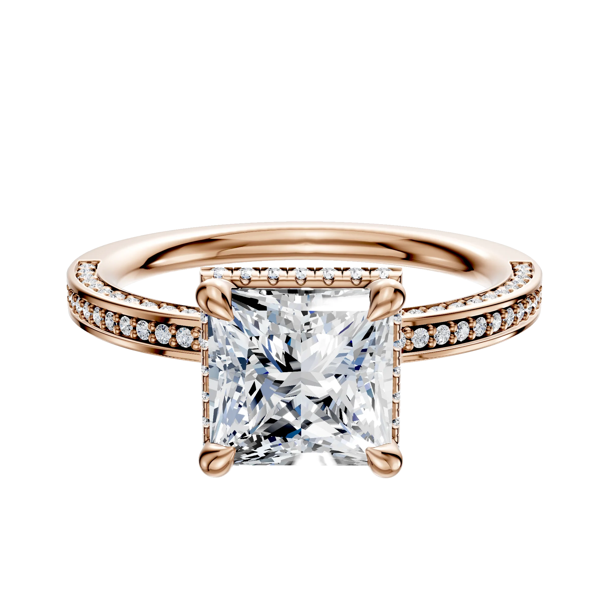18K Rose Gold 4 Prong Collar Classic Flat 3-Row-Pave 2.0mm Engagement Ring