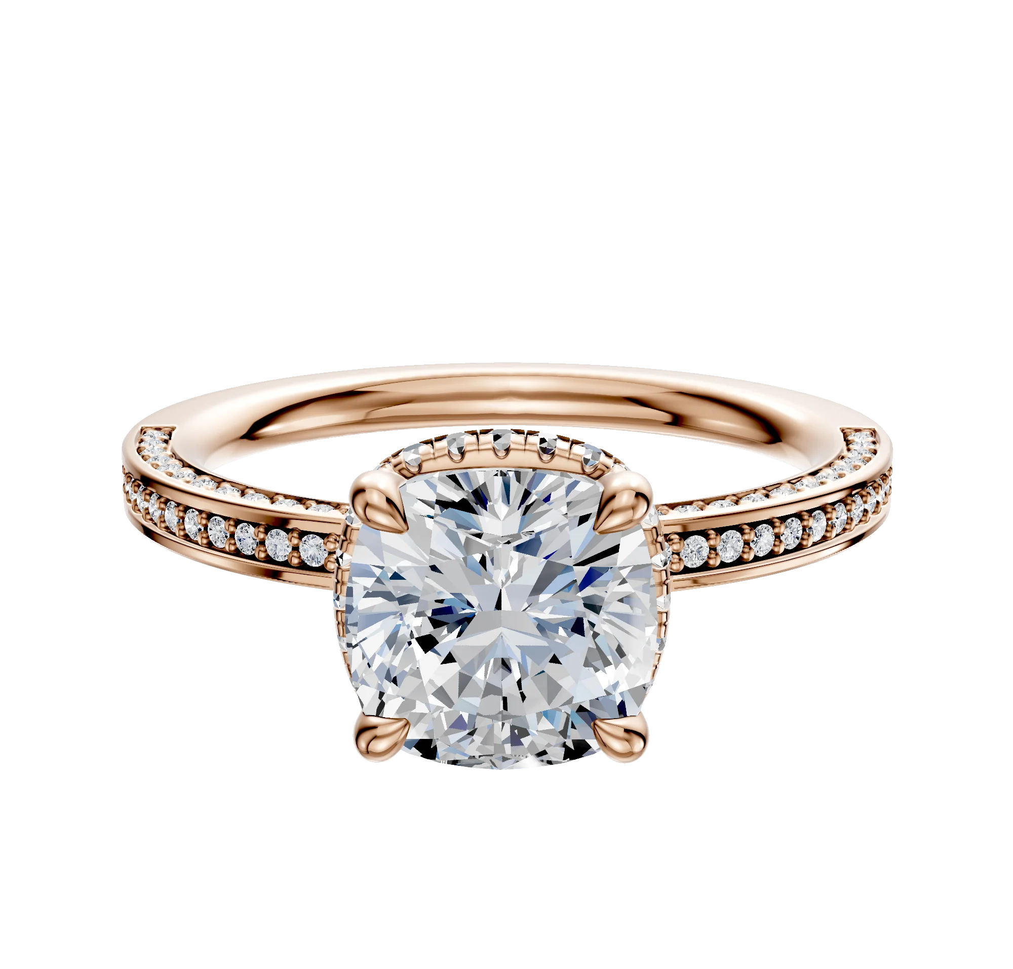 18K Rose Gold 4 Prong Collar Classic Flat 3-Row-Pave 2.0mm Engagement Ring