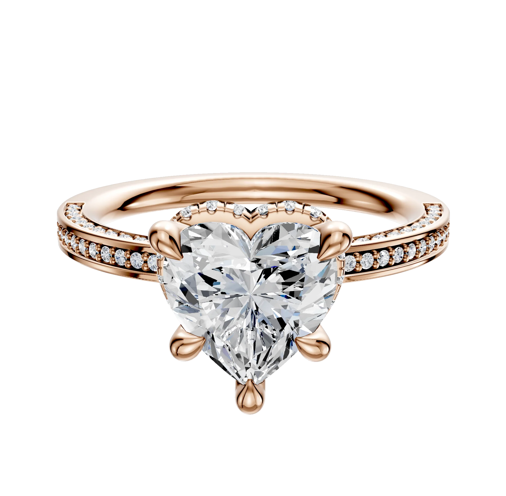 18K Rose Gold 4 Prong Collar Classic Flat 3-Row-Pave 2.0mm Engagement Ring