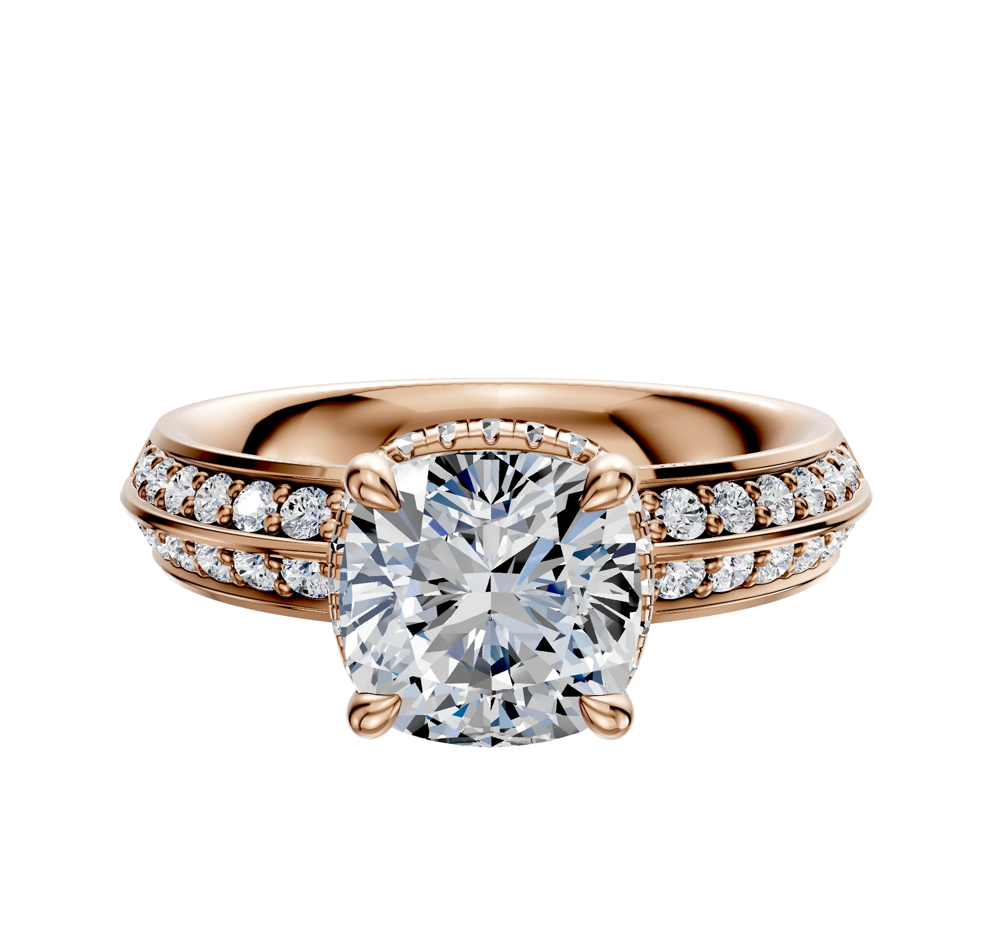 18K Rose Gold 4 Prong Collar Classic Knife Edge 1-Row-Pave 2.5mm Engagement Ring