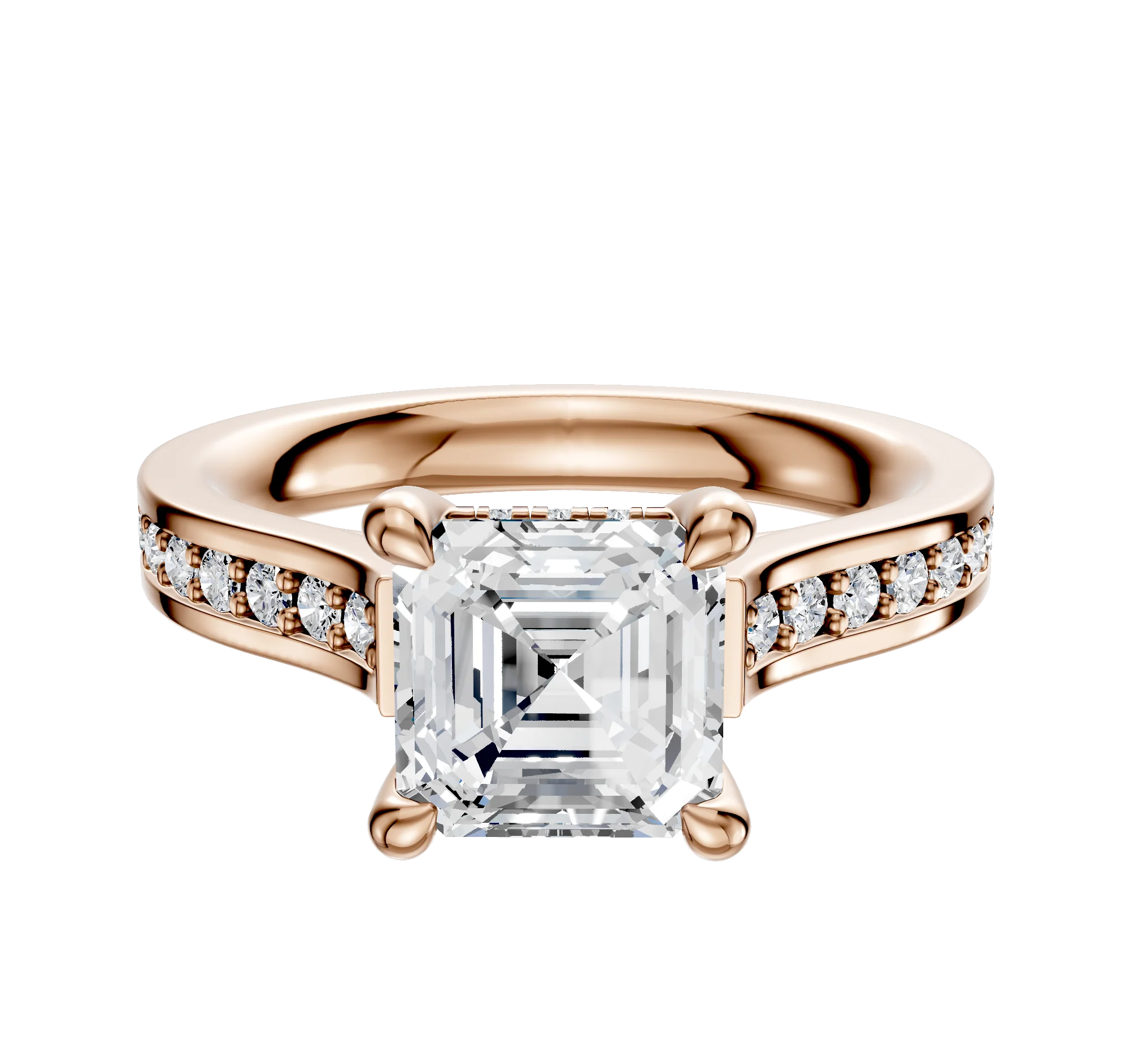 18K Rose Gold 4 Prong Hidden Halo Cathedral Flat 1-Row-Pave 2.5mm Engagement Ring