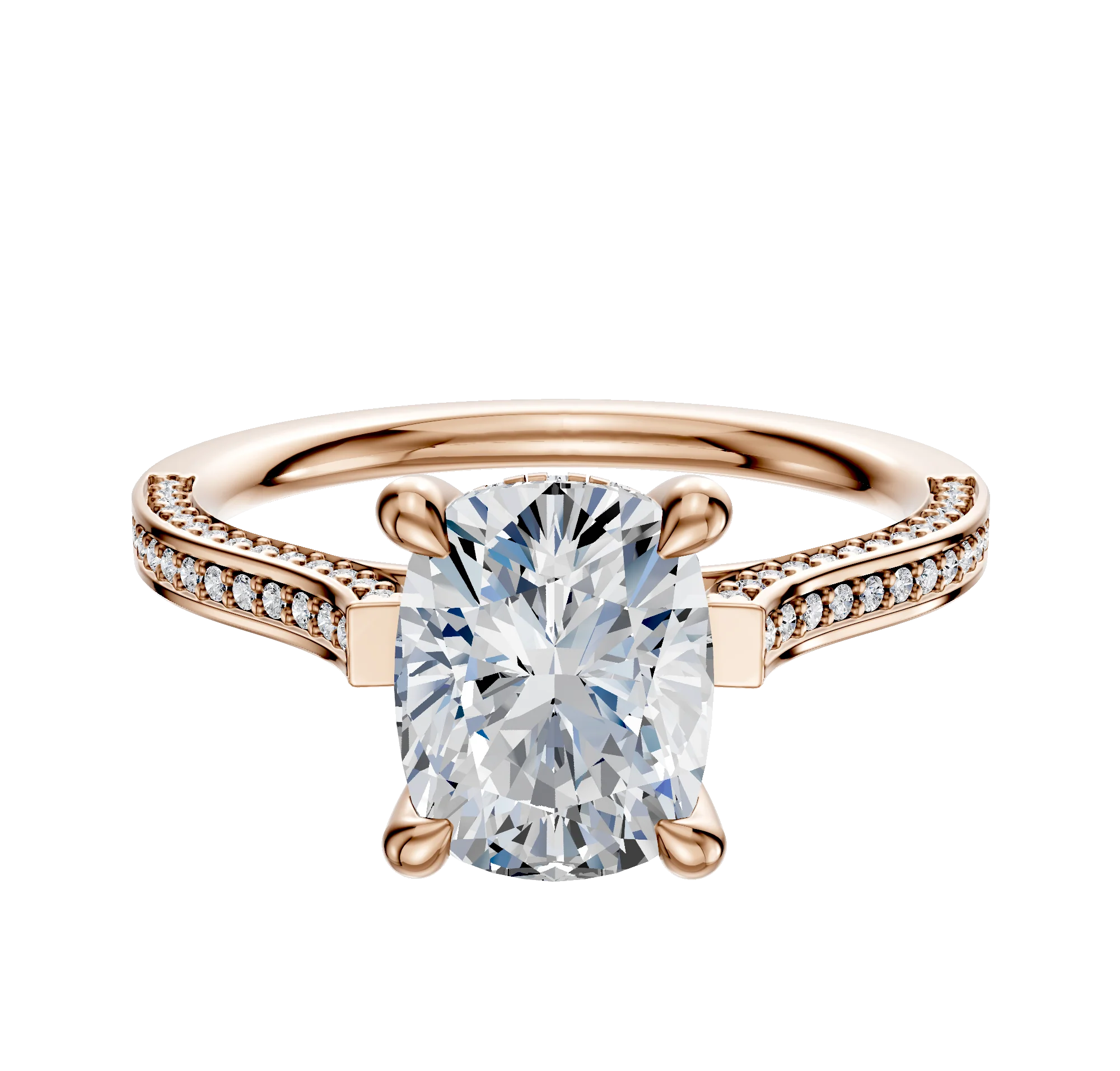 18K Rose Gold 4 Prong Hidden Halo Cathedral Flat 3-Row-Pave 2.0mm Engagement Ring