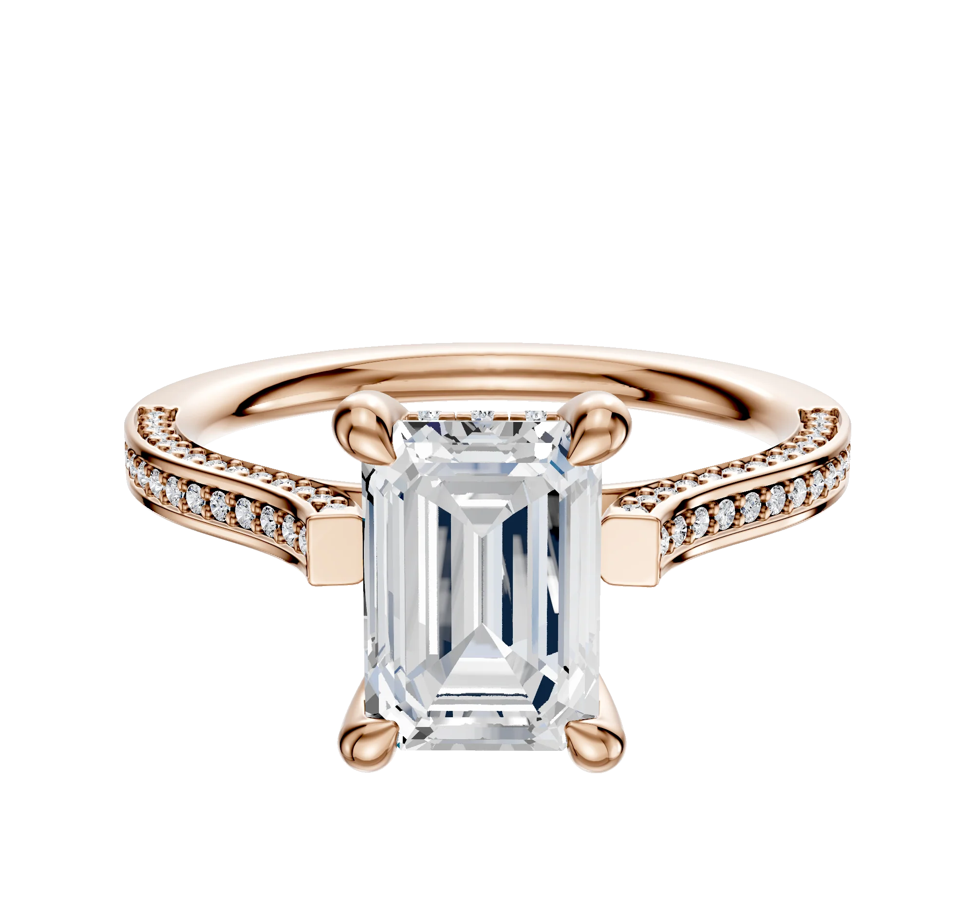 18K Rose Gold 4 Prong Hidden Halo Cathedral Flat 3-Row-Pave 2.0mm Engagement Ring