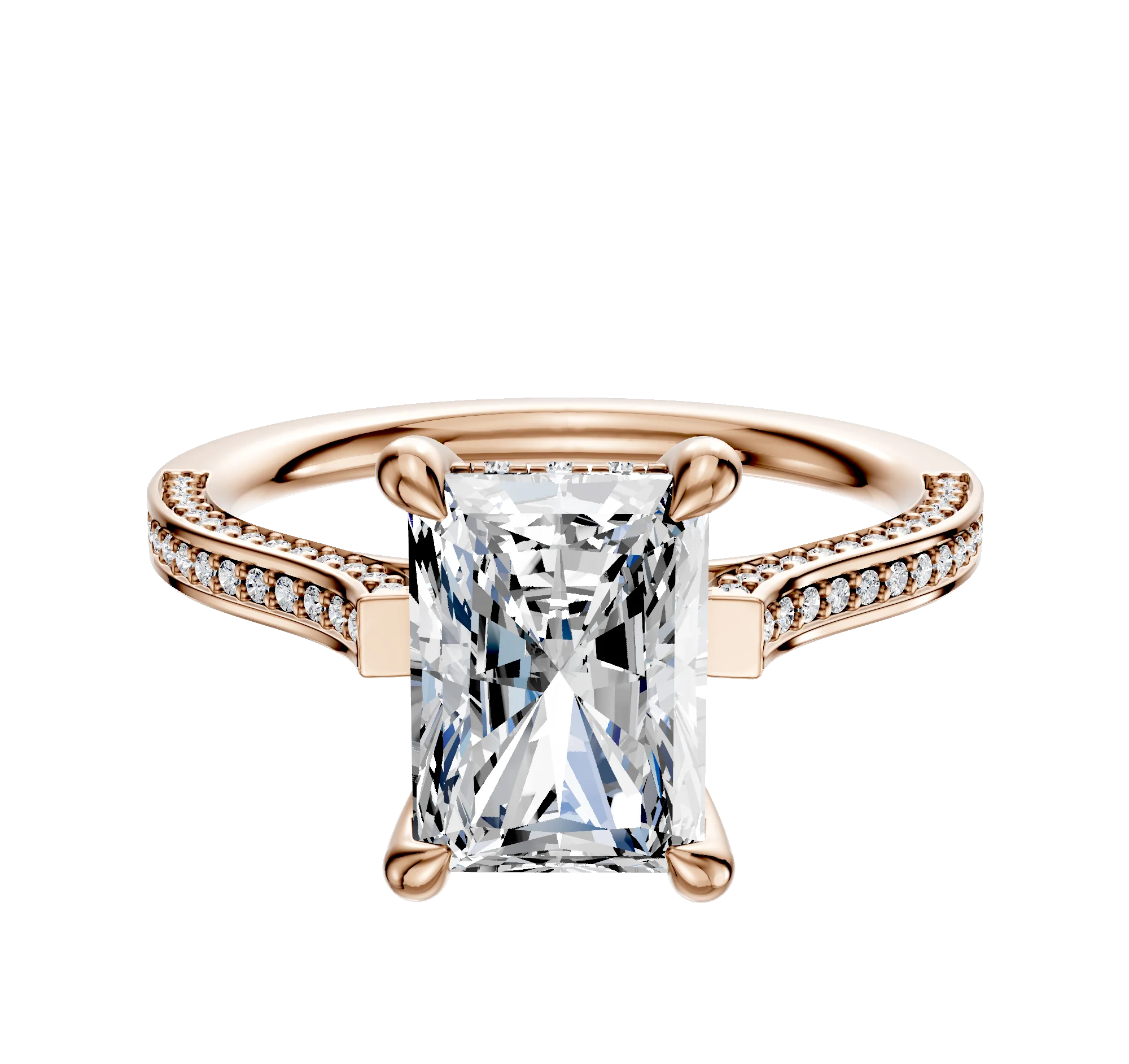 18K Rose Gold 4 Prong Hidden Halo Cathedral Flat 3-Row-Pave 2.0mm Engagement Ring