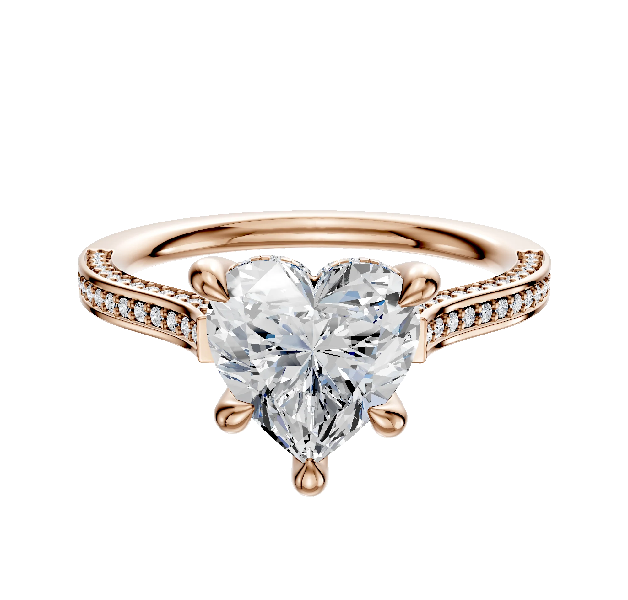 18K Rose Gold 4 Prong Hidden Halo Cathedral Flat 3-Row-Pave 2.0mm Engagement Ring