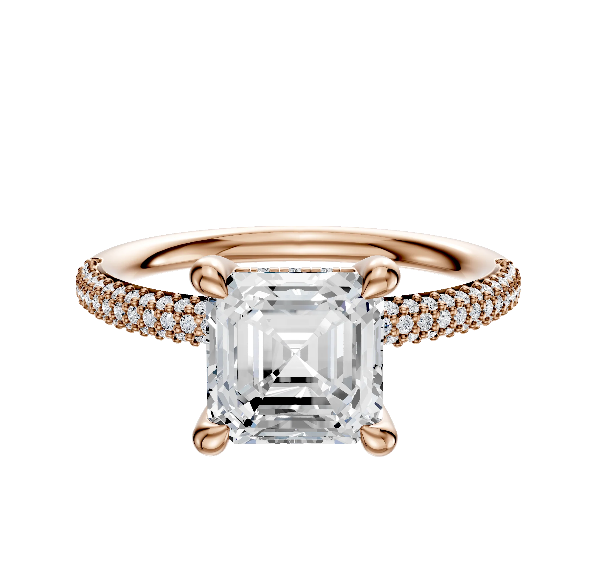 18K Rose Gold 4 Prong Hidden Halo Classic Dome 3-Row-Pave 2.0mm Engagement Ring