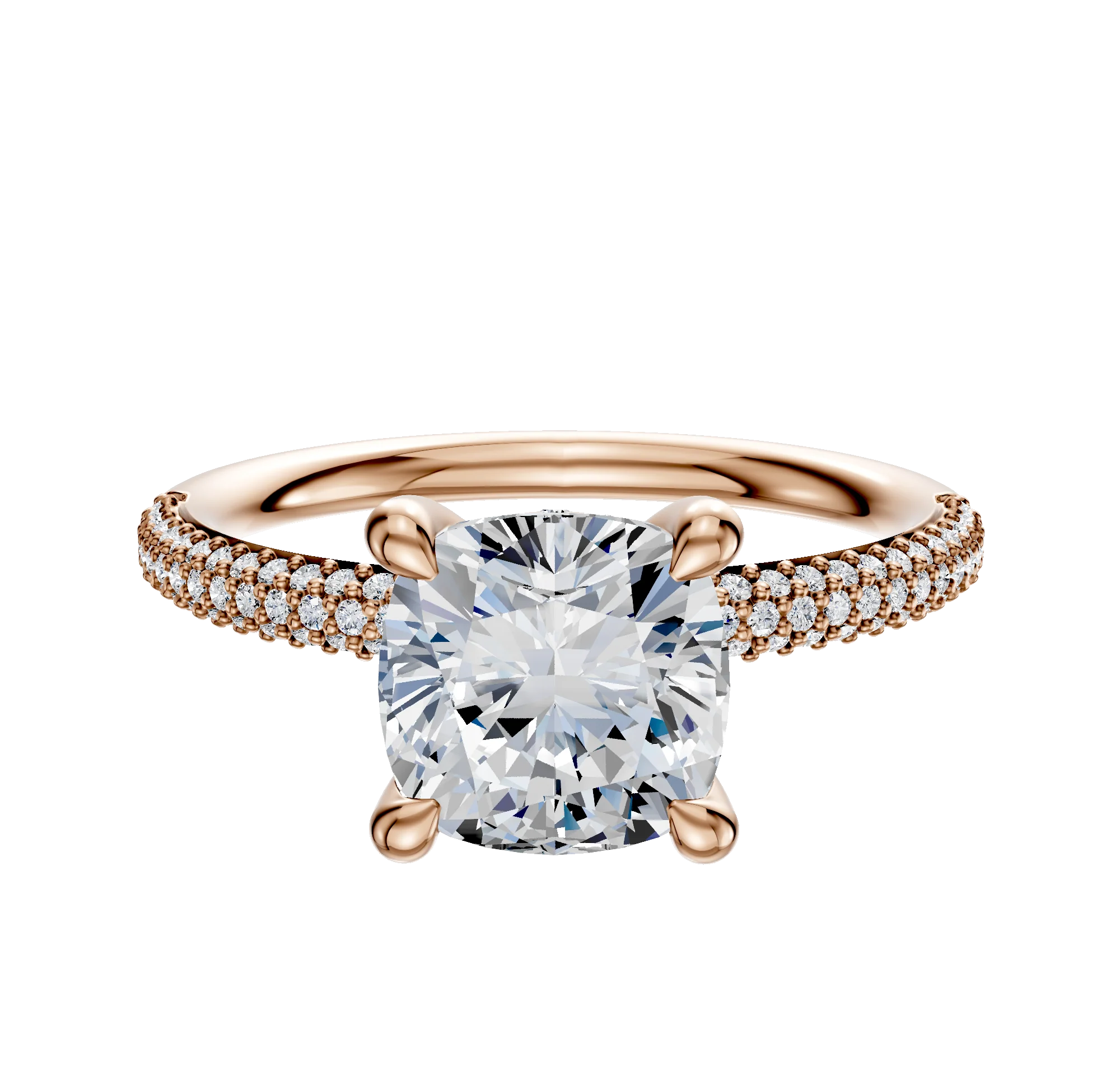 18K Rose Gold 4 Prong Hidden Halo Classic Dome 3-Row-Pave 2.0mm Engagement Ring