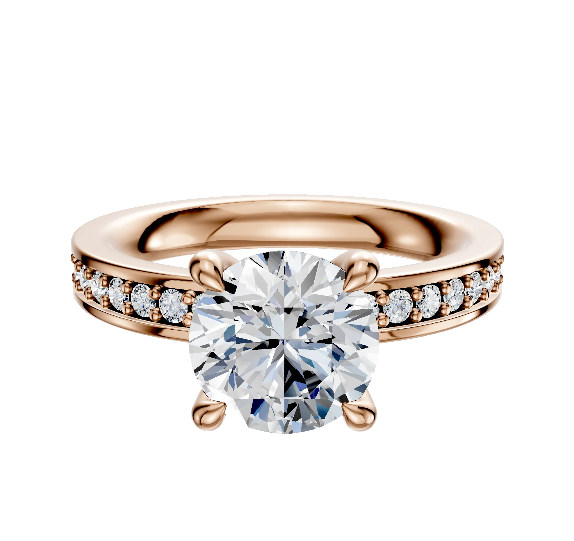 18K Rose Gold 4 Prong Hidden Halo Classic Flat 1-Row-Pave 2.5mm Engagement Ring