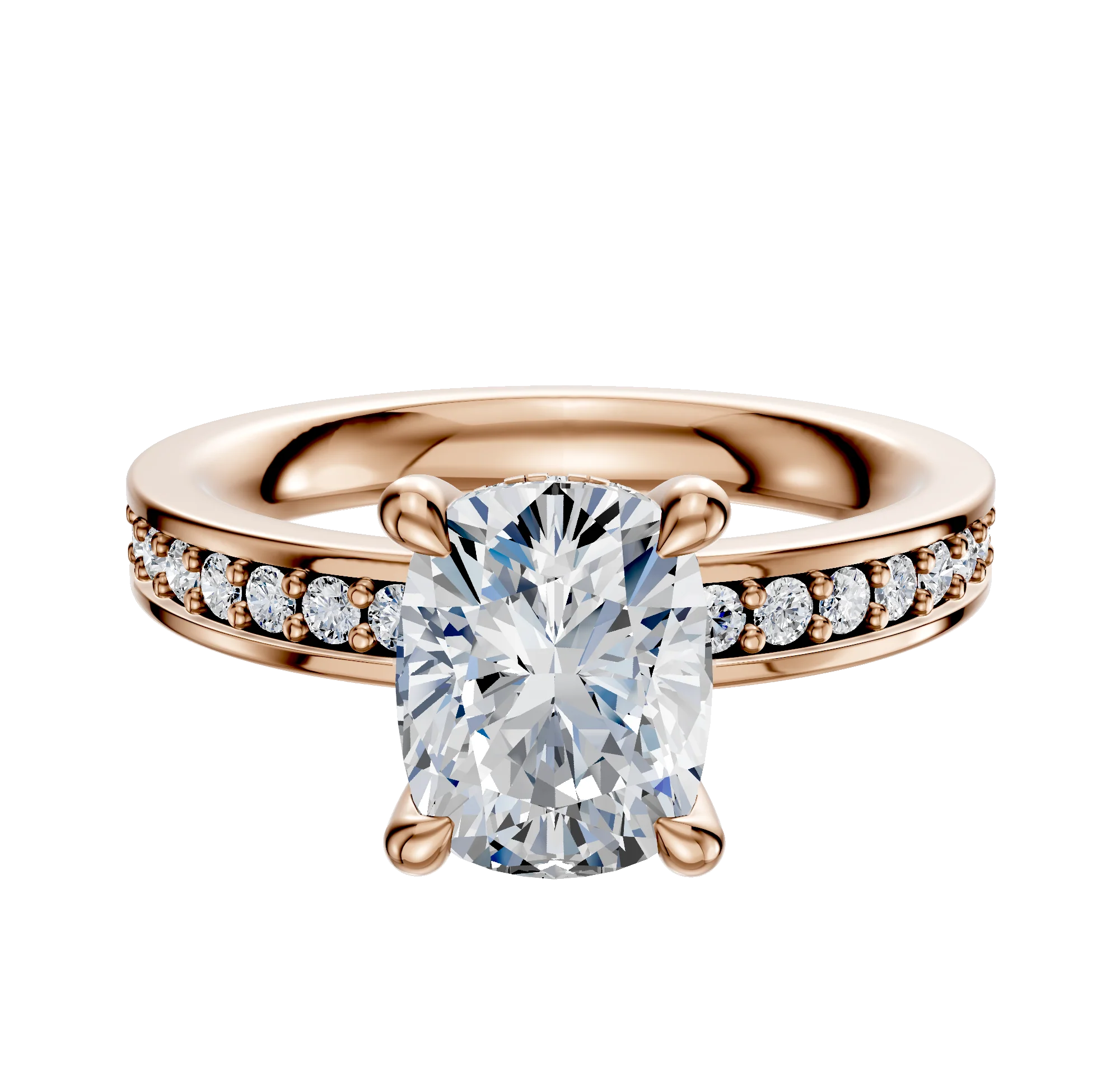 18K Rose Gold 4 Prong Hidden Halo Classic Flat 1-Row-Pave 2.5mm Engagement Ring