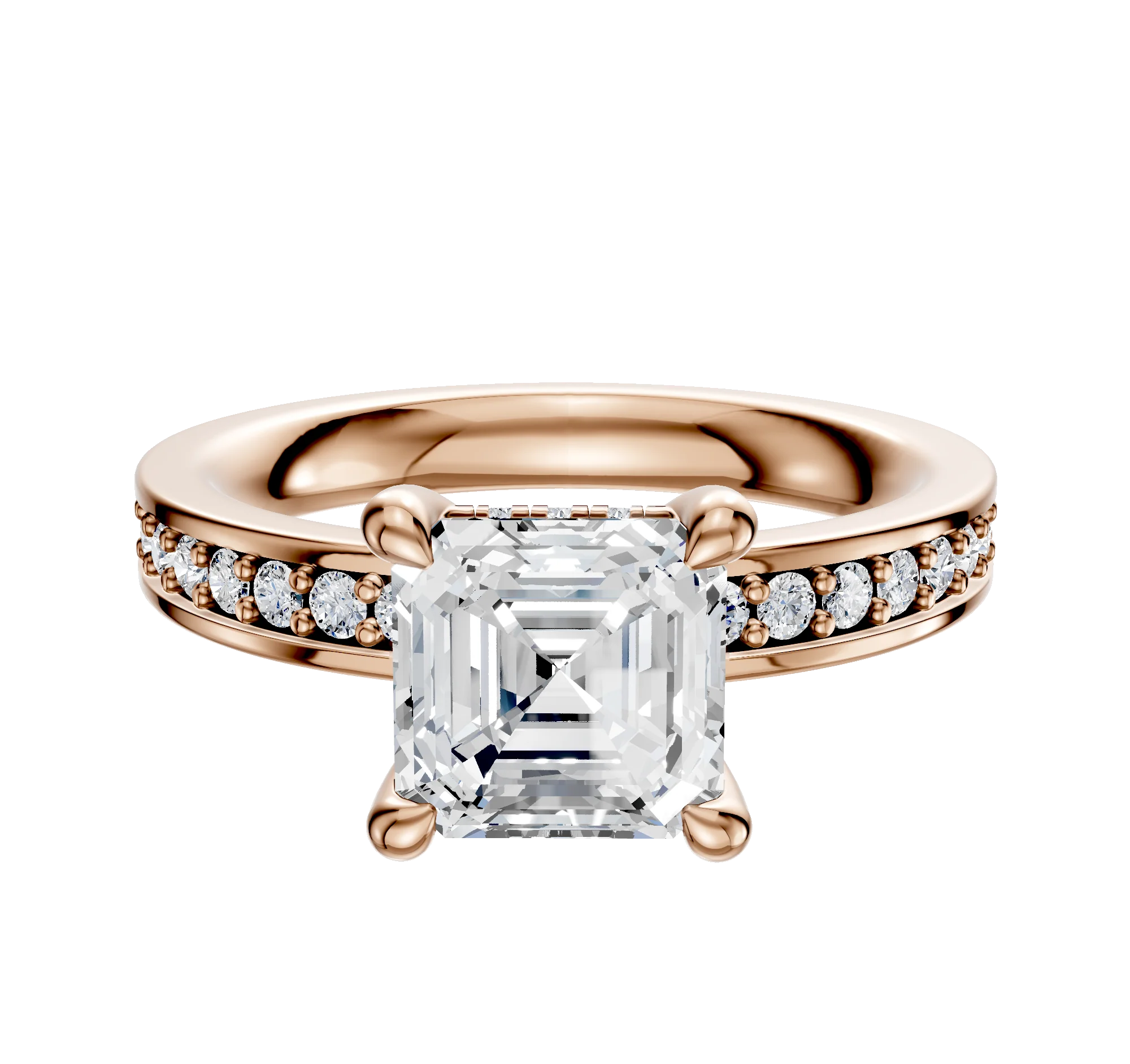 18K Rose Gold 4 Prong Hidden Halo Classic Flat 1-Row-Pave 2.5mm Engagement Ring