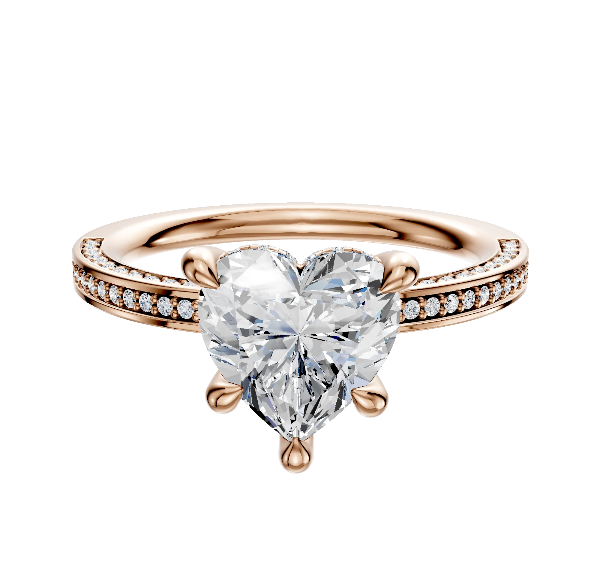 18K Rose Gold 4 Prong Hidden Halo Classic Flat 3-Row-Pave 2.0mm Engagement Ring