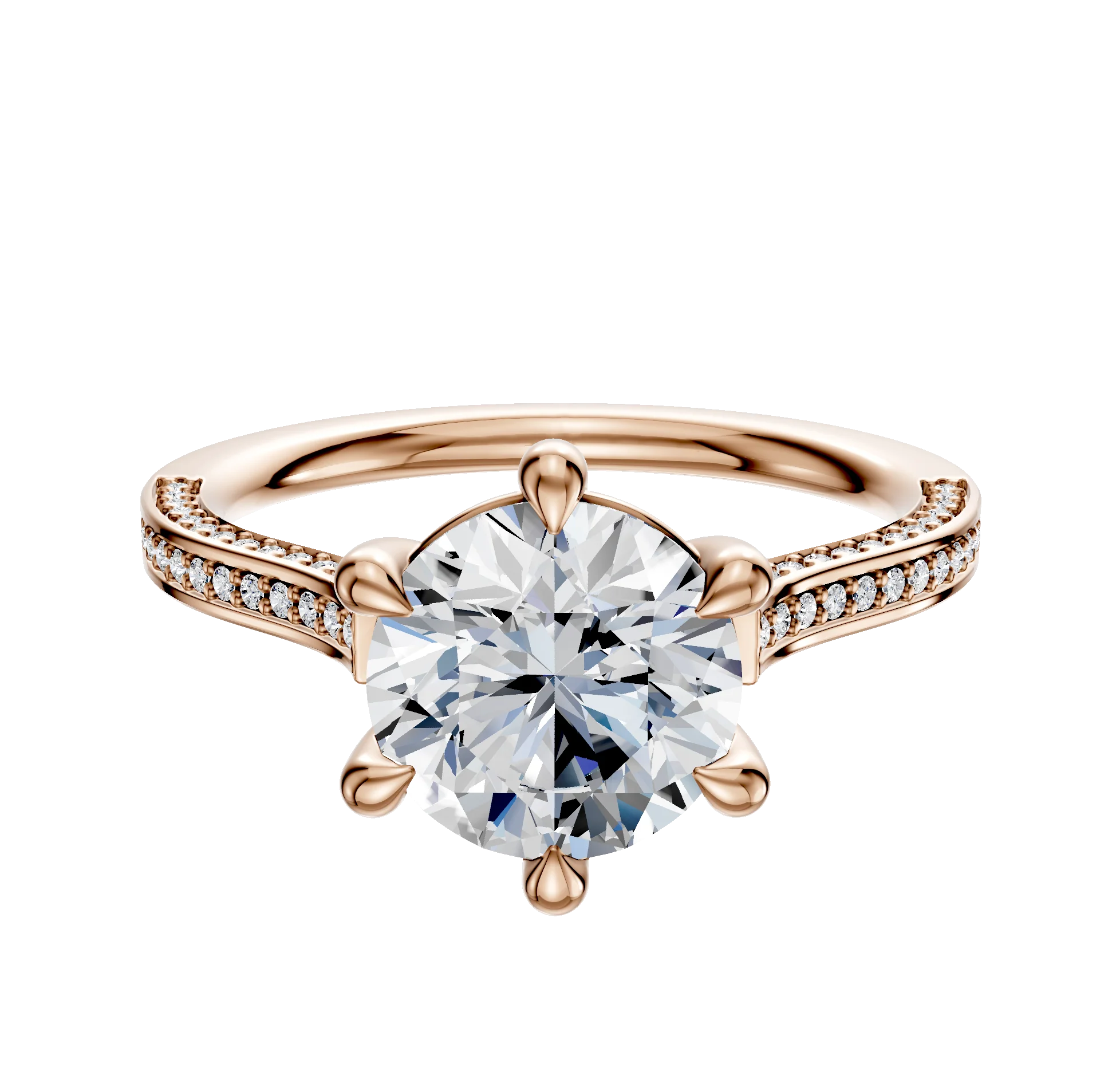 18K Rose Gold 6 Prong Basket Cathedral Flat 3-Row-Pave 2.0mm Engagement Ring